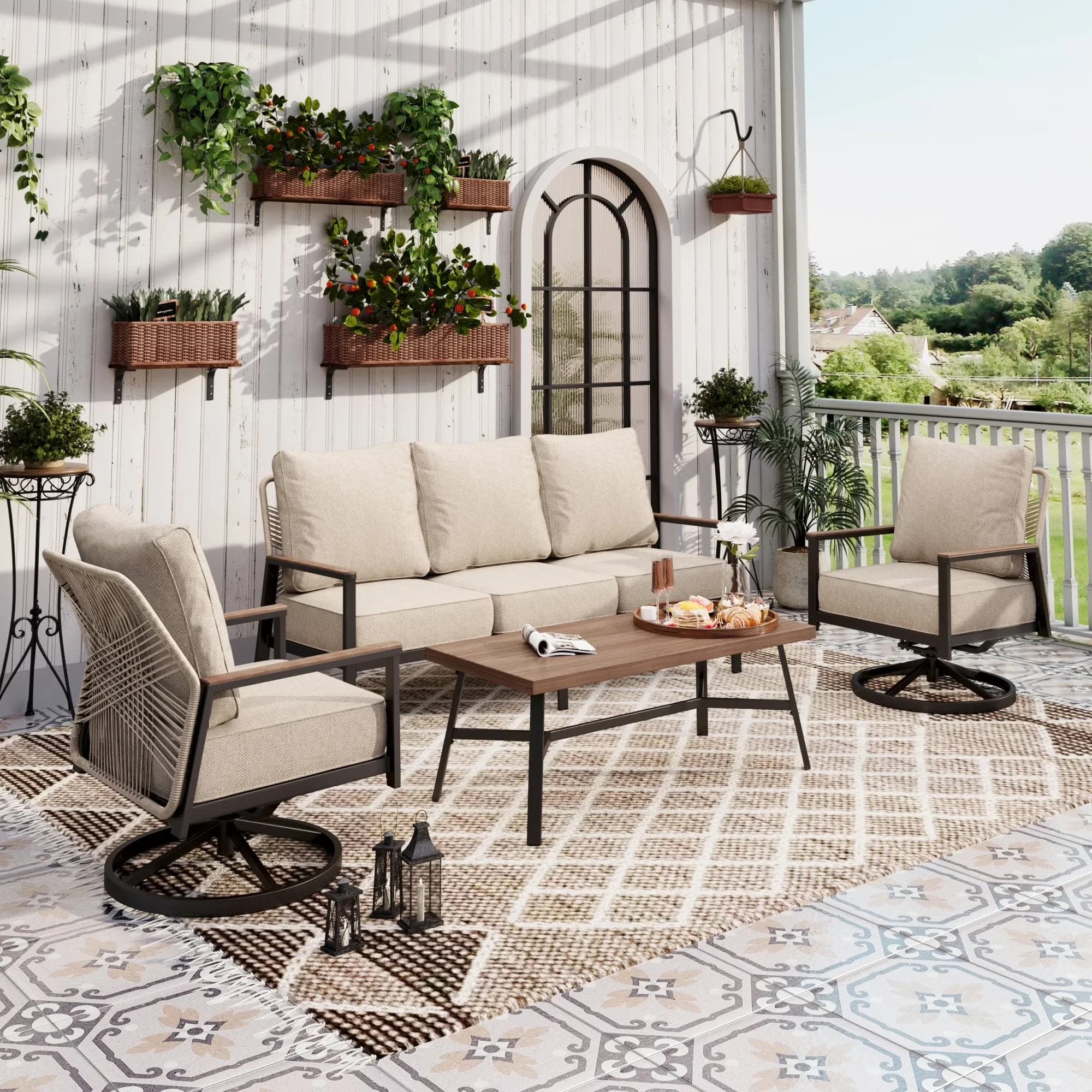 Durable Patio Conversation Set with Swivel Chairs, Beige - Metal, Sponge, Fabric Beige Model 2C0130