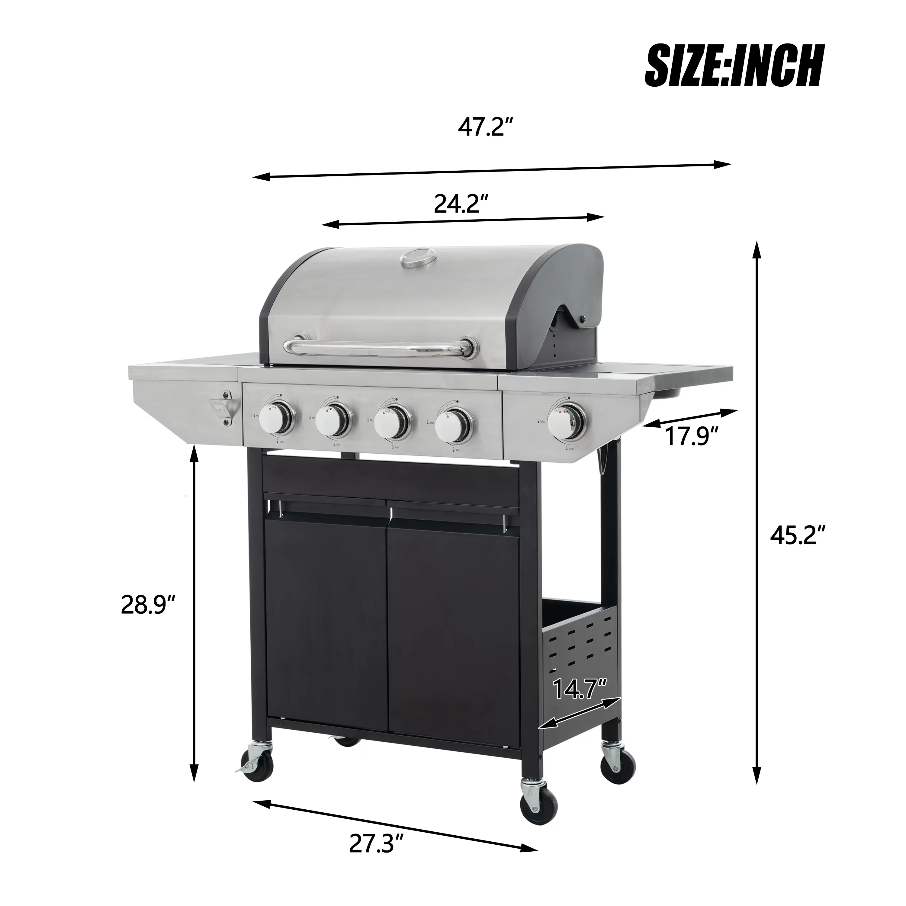 Premium Gas Grill with 46500 BTU, Portable, Heat Thermometer - Stainless Steel Black for Outdoor, Patio Model E1388E