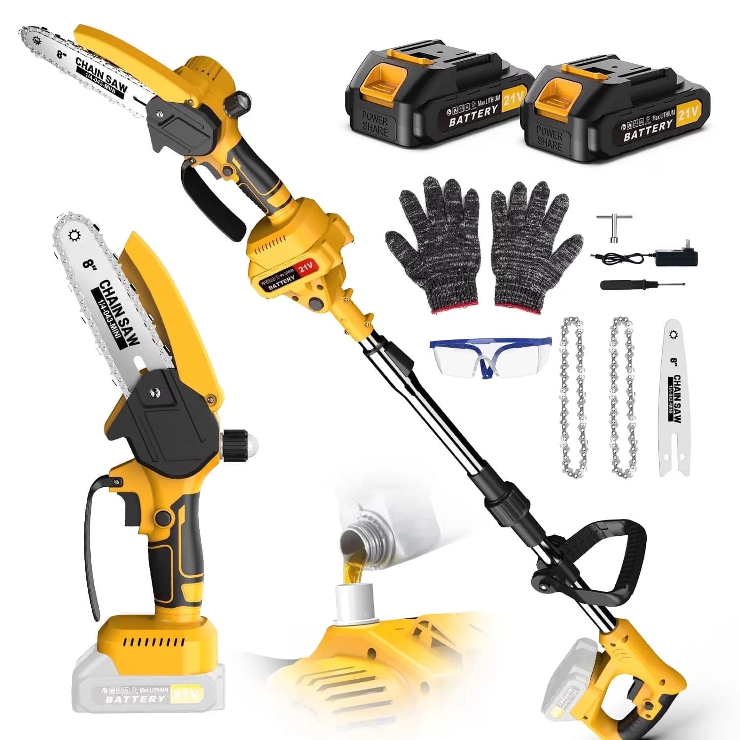 Pole Saw Premium with Battery, Chain Brake, 8-Inch Electric - Yellow 2 x 3 Model D9E689