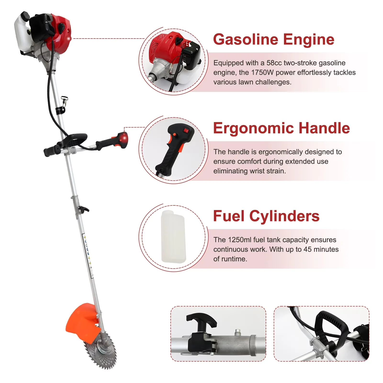 String Trimmer Classic with 1.75KW Gas Weed, 【4-in-1 Trimmer Heads for Versatile Use】 - Model 192027