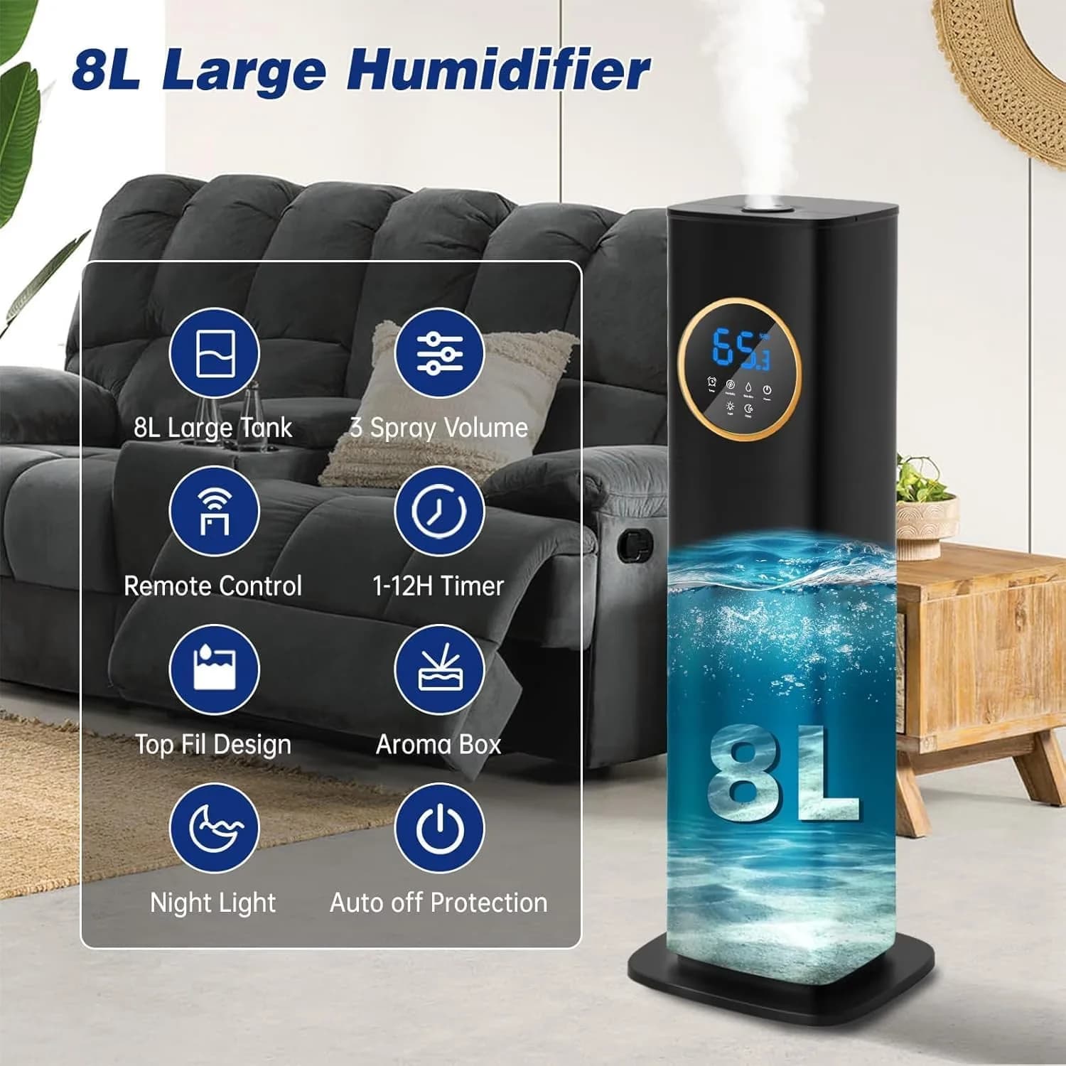Humidifier Stylish with Water Level Indicator, Timer, Humidifiers - Black Model 73421C