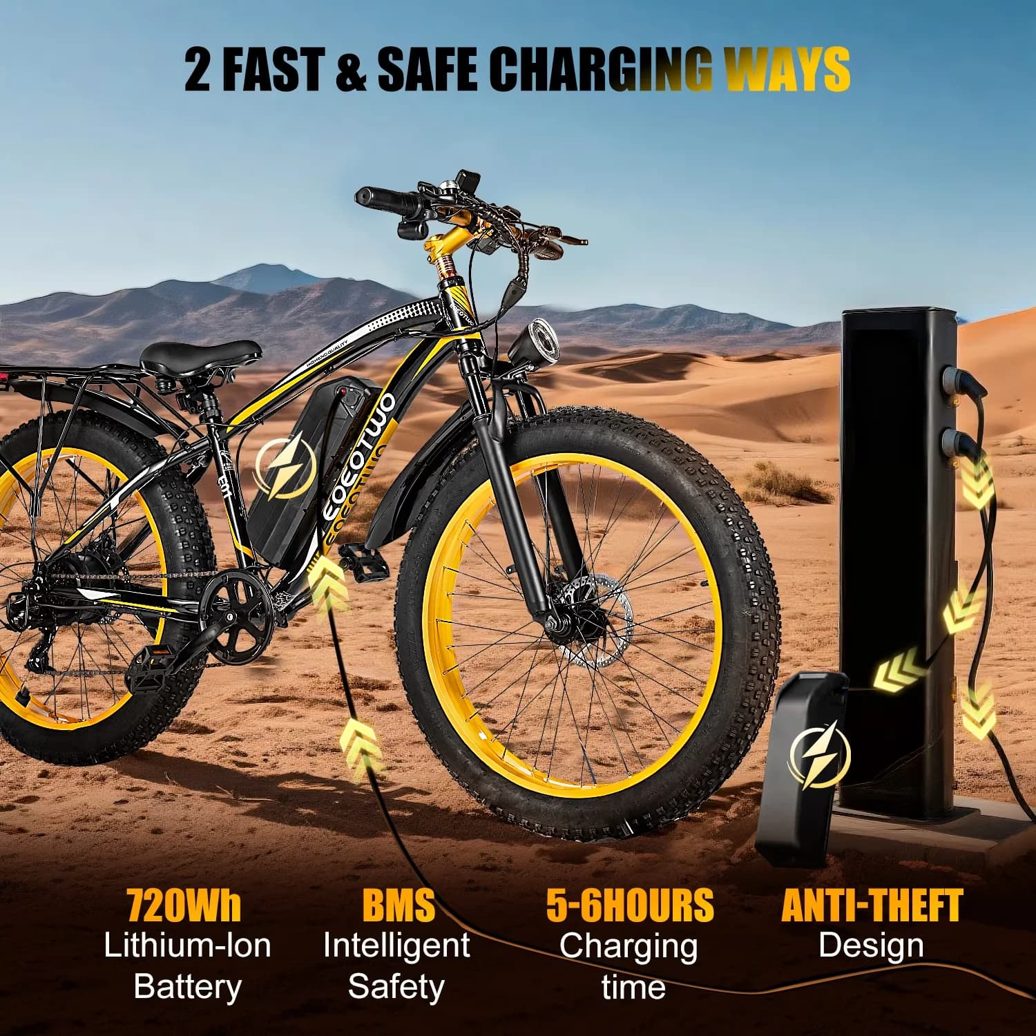Professional Electric Bike with Battery, LED, 1500W Mountain - Yellow - Reliable Performance Model D83C87