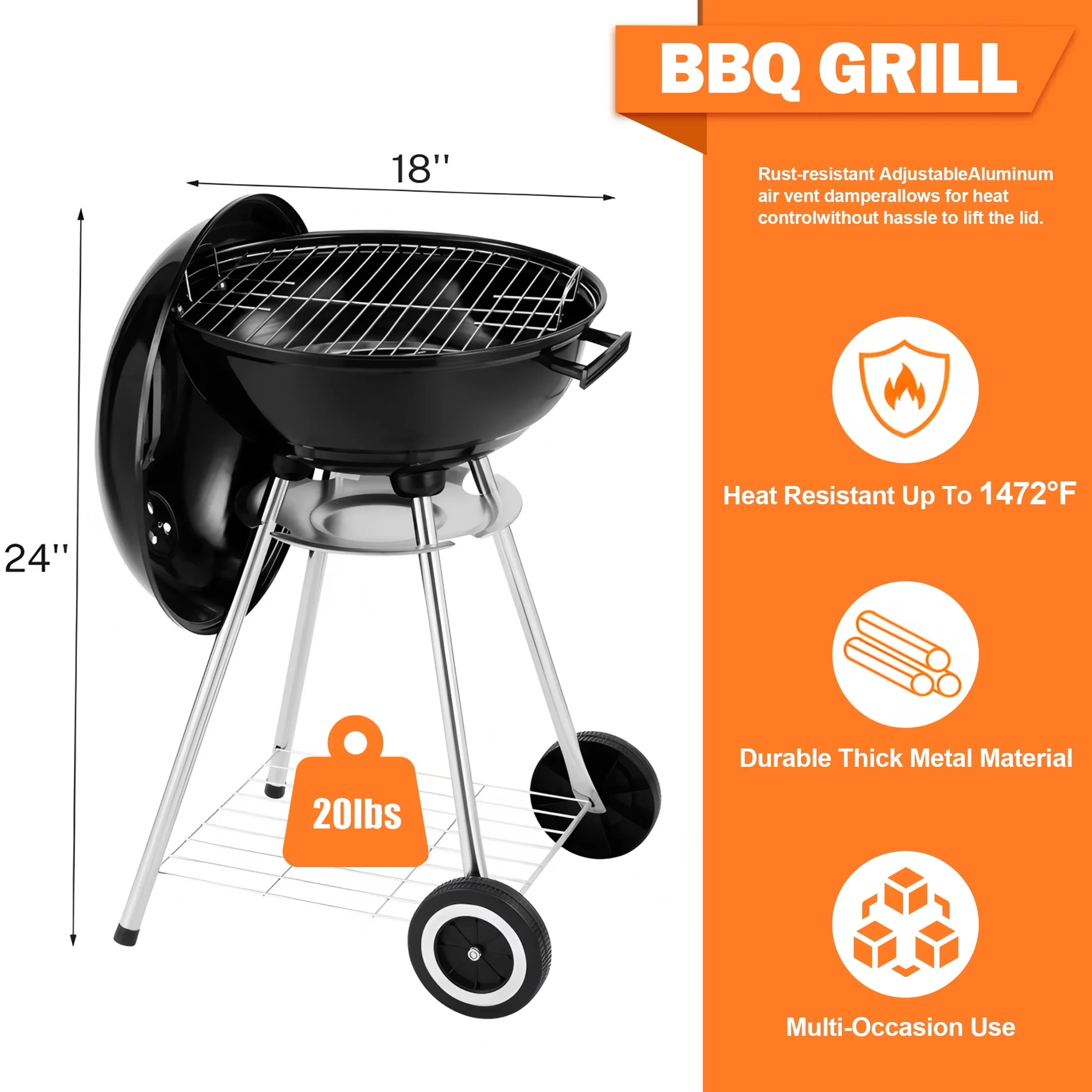 Versatile Charcoal Grill with Portable, BBQ - Steel Black 18 Inch - Quality Construction Model 0C2CD3