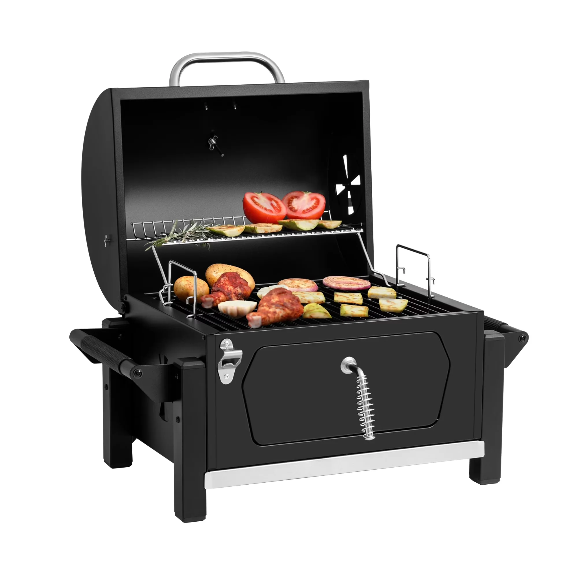 Stylish Charcoal Grill with Portable, Two Side Handles - Steel (Main Body), Porcelain-Enameled Steel Wire (Cooking Grates) Black Model 44014A