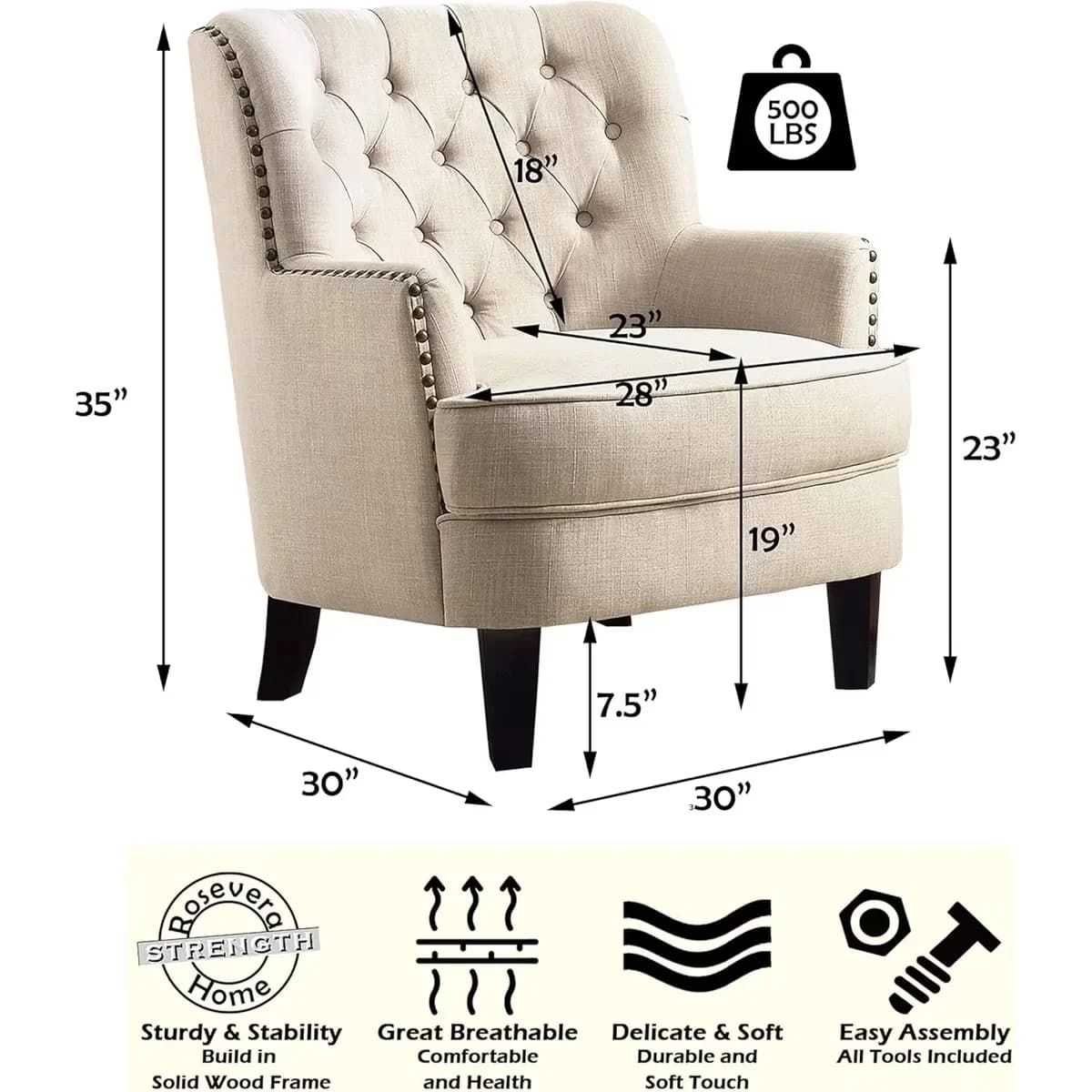 Patio Chair Premium with Tufted, Nailhead Trim, Velvet Upholstered Club 34.5”H - Wood Beige Model D03380