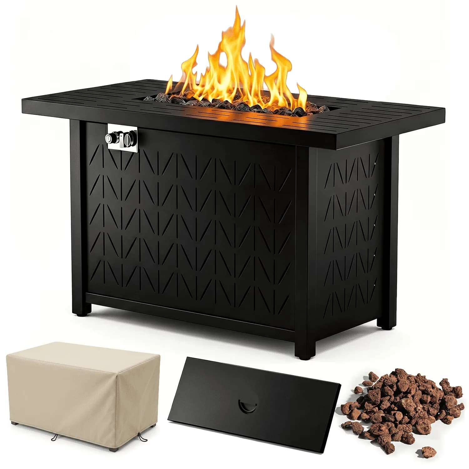 Outdoor Heating Compact with 50000 BTU, Adjustable Flame, 50000 BTU 2in1 Gas Firepit - Iron Stainless Steel Black for Garden, Outdoor Model AA0243