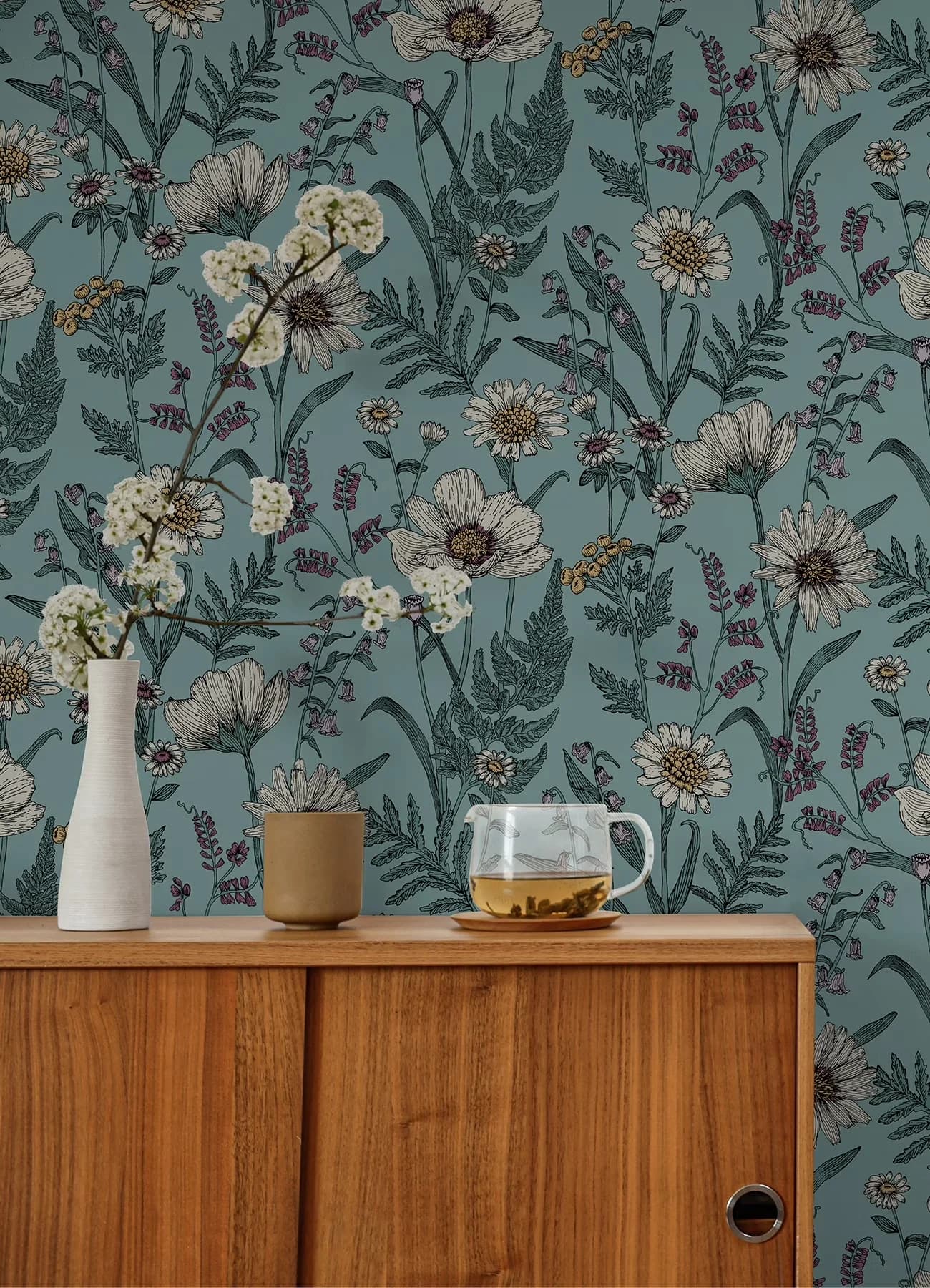 Durable Wallpaper with Removable, Spring Meadow Blue Peel and Stick, Easily repositionable while installing - Blue Pvc Model A5B56A