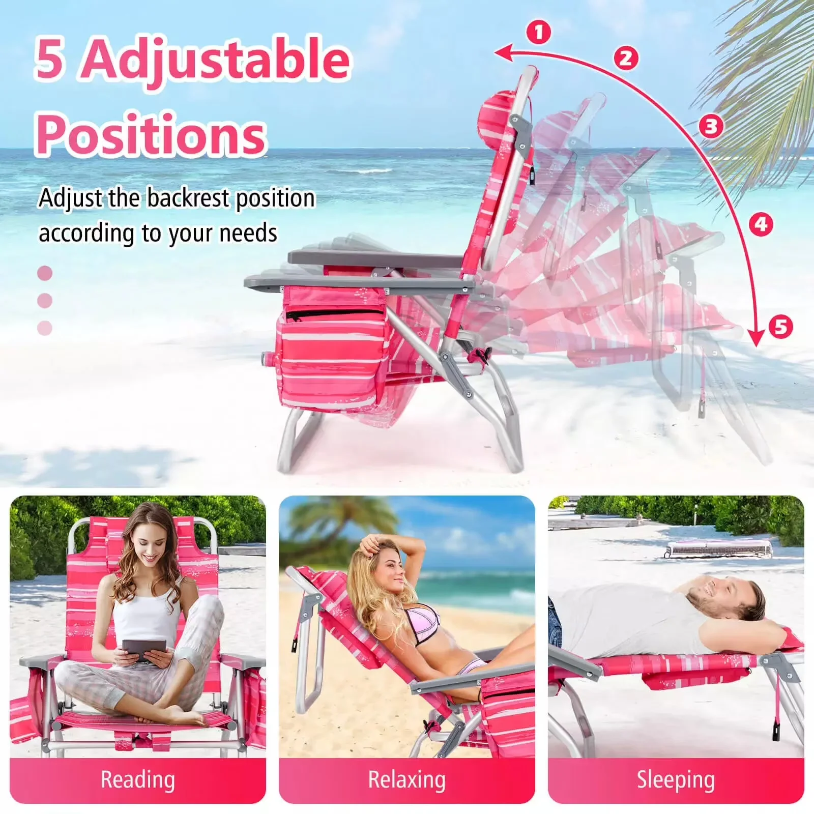 Beach Chair Premium with Reclining, Collapsible - Pink Folding - Ergonomic Design Model 06C7C5