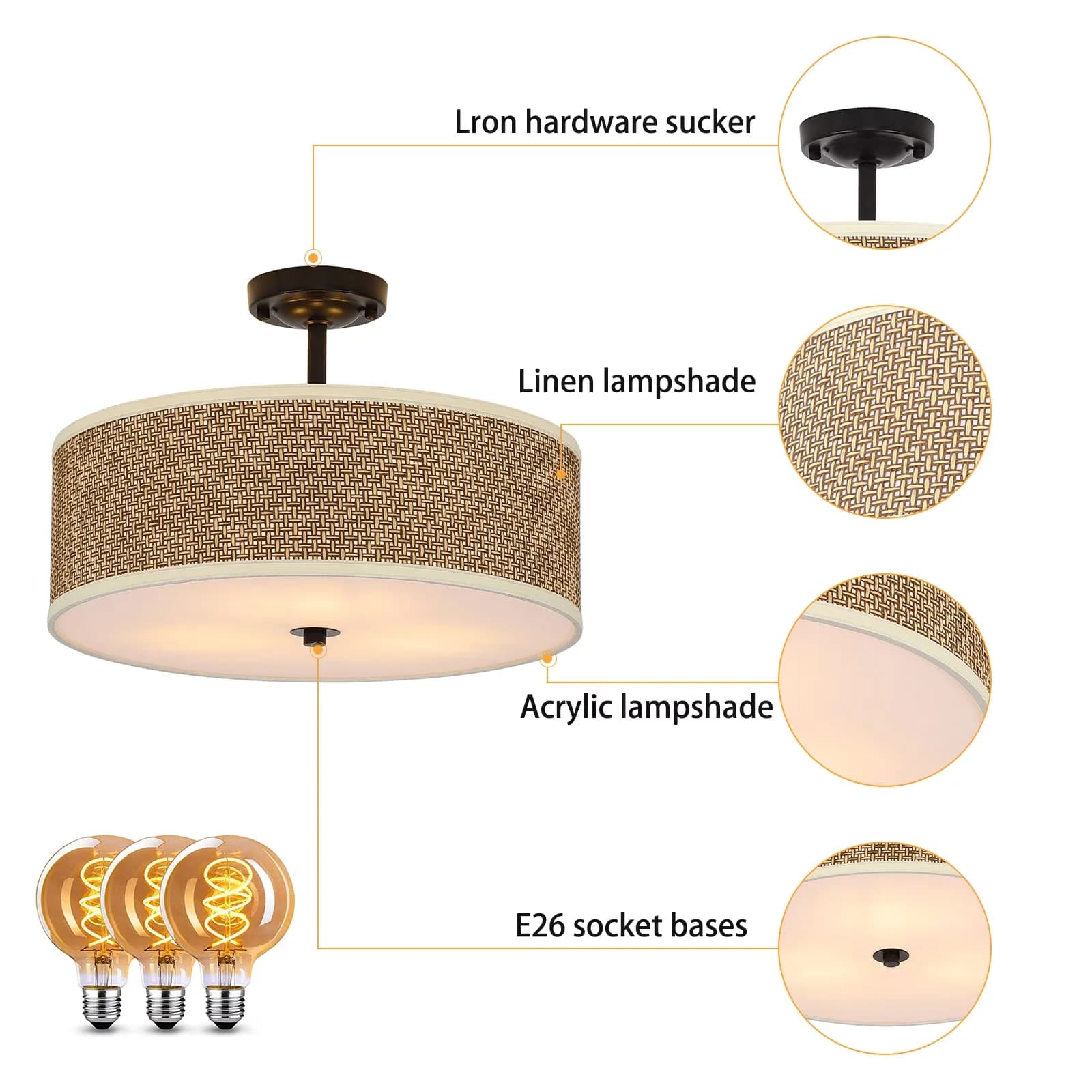 Ceiling Lights Fixture Reliable with Incandescent, Modern, Color: White, Gold - Aluminium, Linen And Acrylic Gold for Living Room,... Model 4BE470