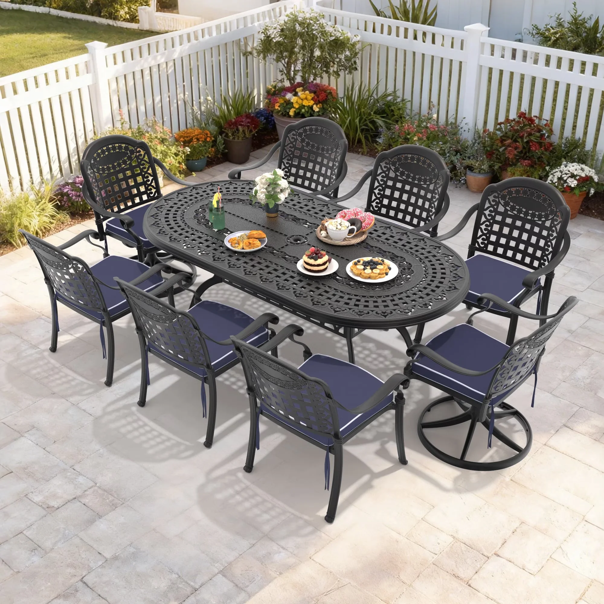 Patio Dining Set Compact with Weatherproof, 9-Piece All-Weather Cast Aluminum, Blue Cushions Included - Aluminium Black Model 960B5B