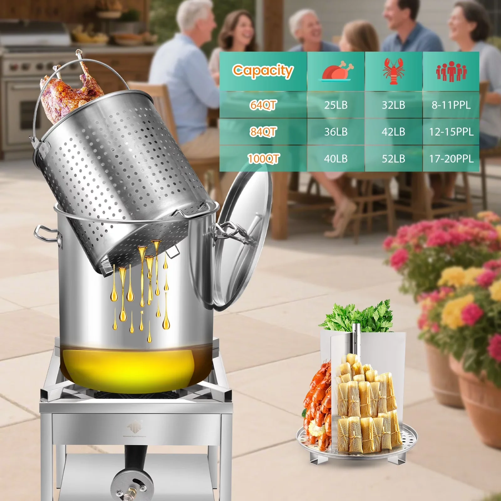 Modern Outdoor Fryer with 200000 BTU, 64QT Stainless Steel Seafood Boiling Kit - Silver Stainless Steel Model A58D6E