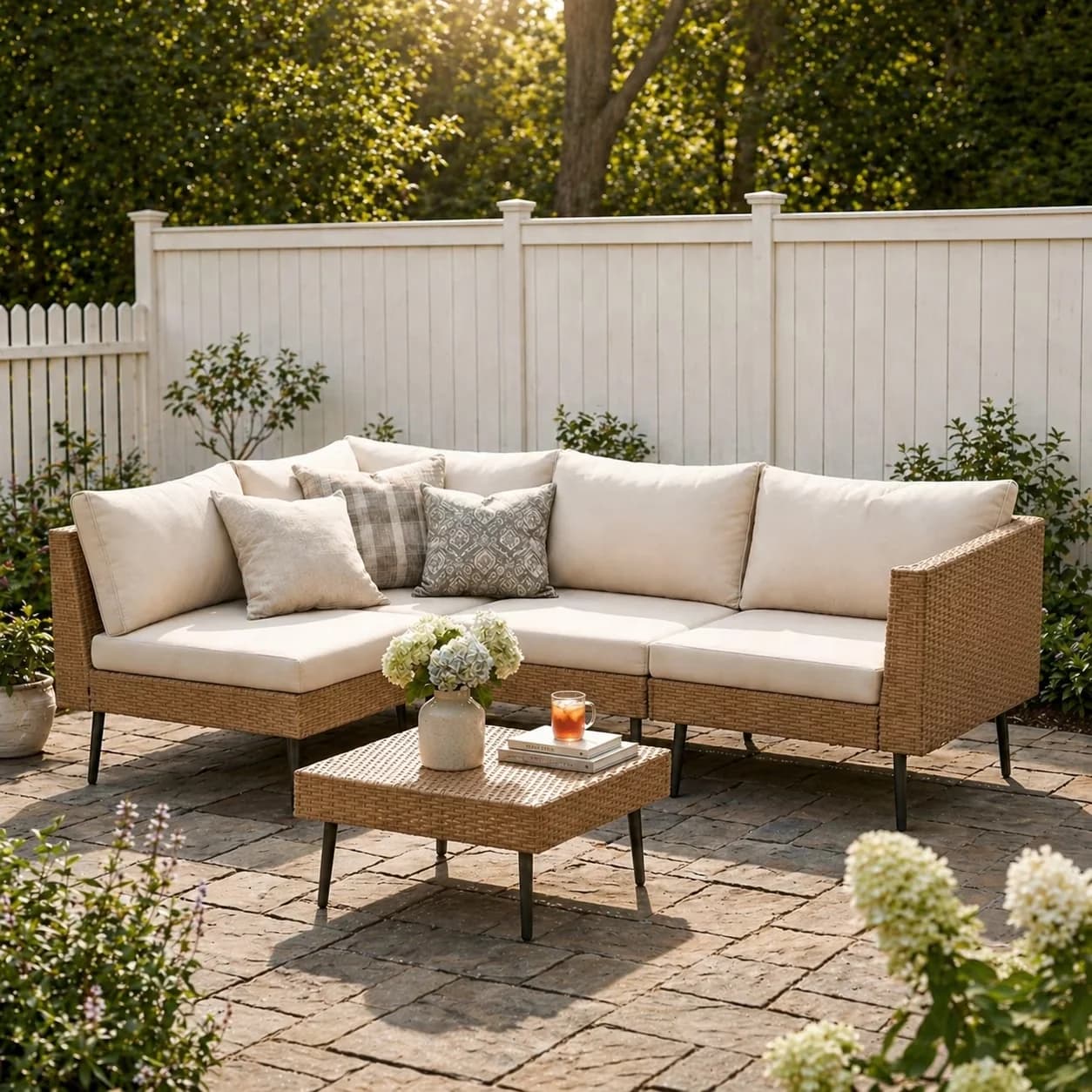 Sleek Patio Conversation Set with 4 Chairs & 1 Ottoman, All-Weather Sectional Sofa, Beige Cushions - Model EFB7E3