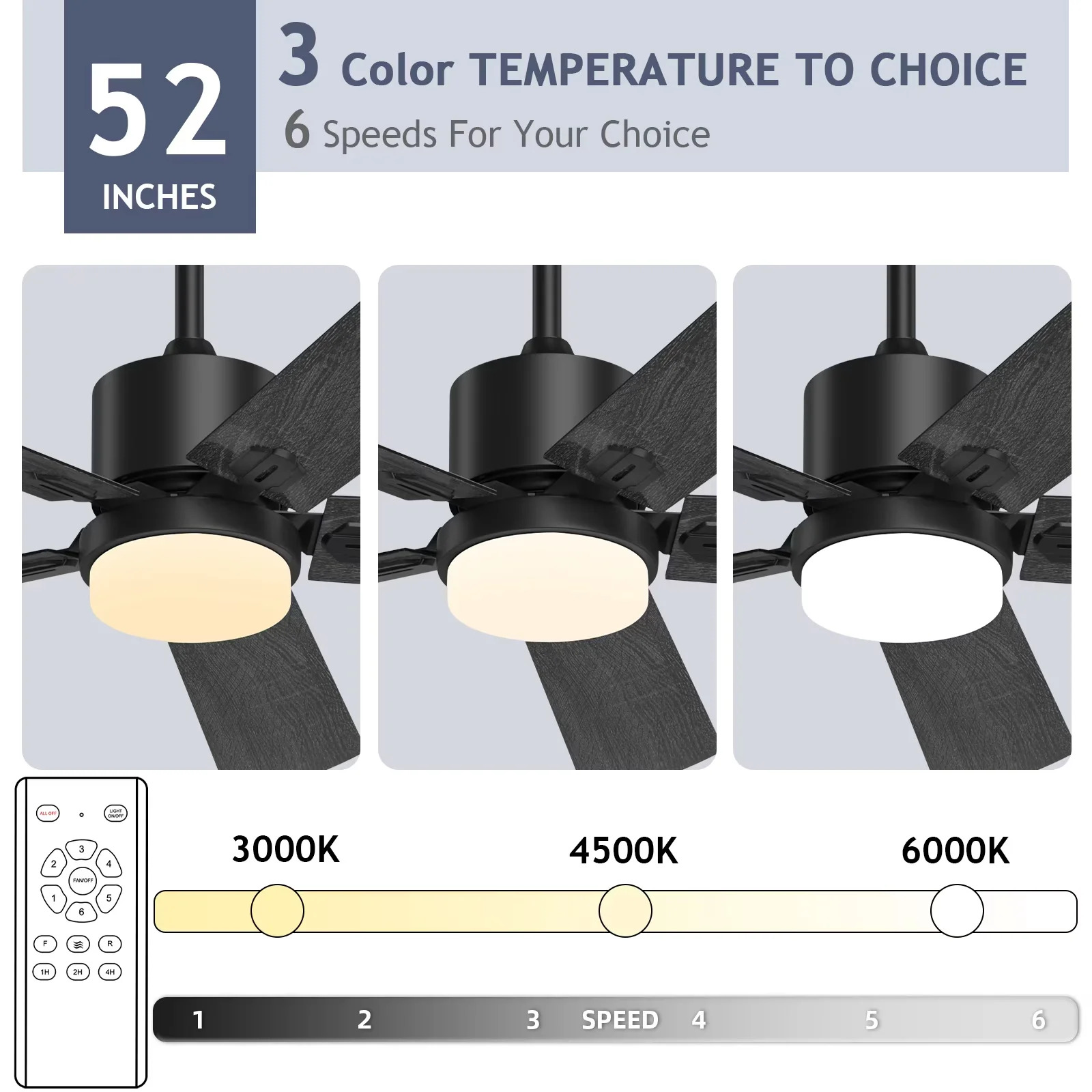 Ceiling Fan Compact with LED, 5 Wood Blades, 52'' - Light for Home and Office Model DE97C7