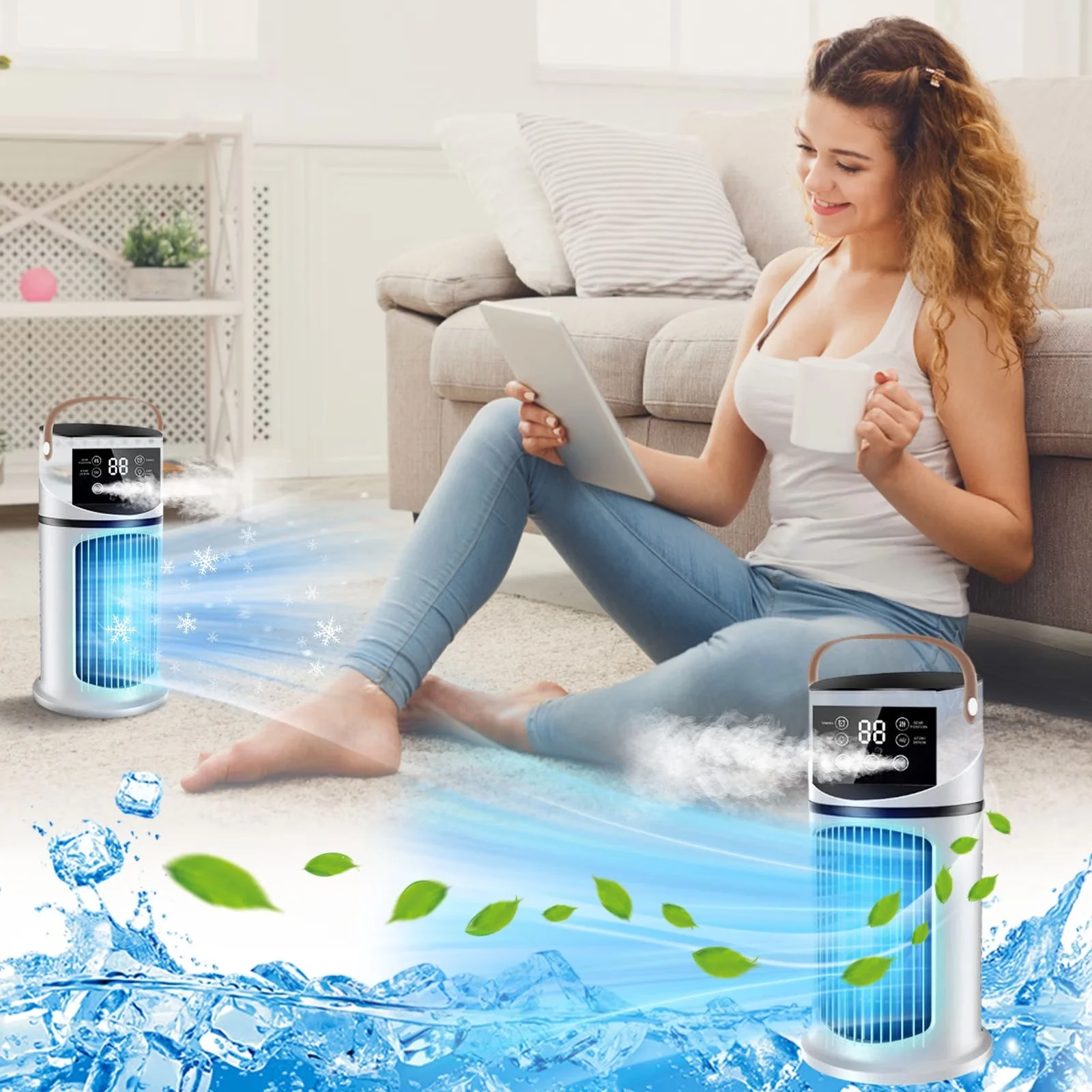 Professional Air Conditioner with Timer, Battery Powered, Rechargeable Small - White for Camping, Car Model 0E00FC