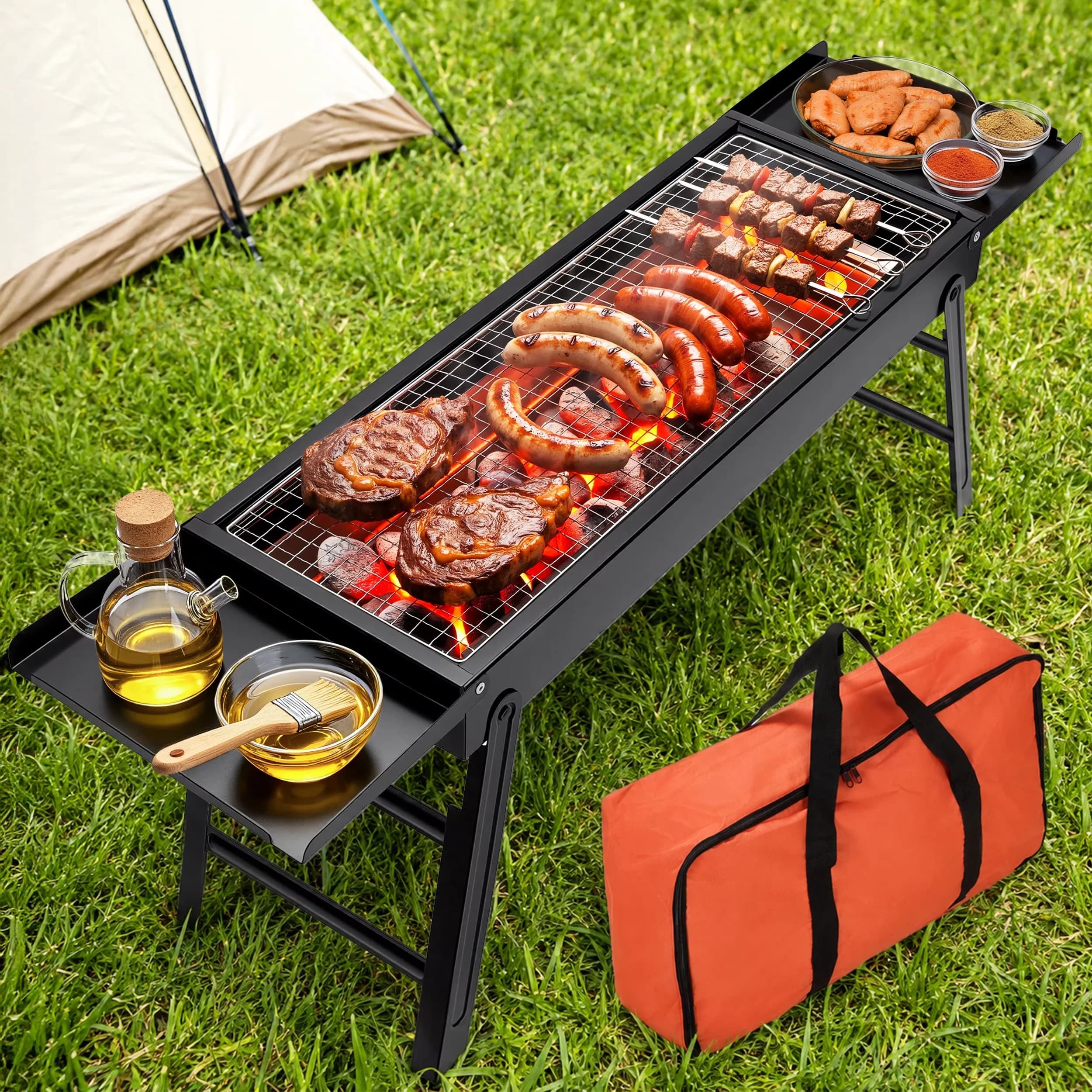 Charcoal Grill Modern with Foldable BBQ, 【INTEGRATED EXTENDABLE SIDE SHELVES】 - Iron for Outdoor, Camping Model 730542