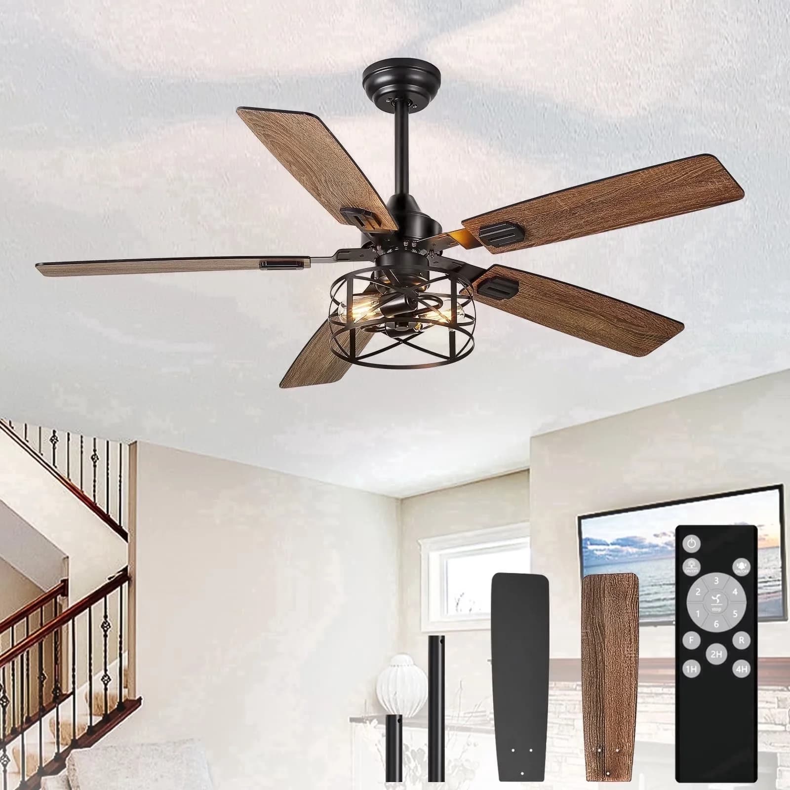 Modern Ceiling Fan with LED, Dimmable, 52-Inch Caged Fans - Black - Essential Collection Model F09479