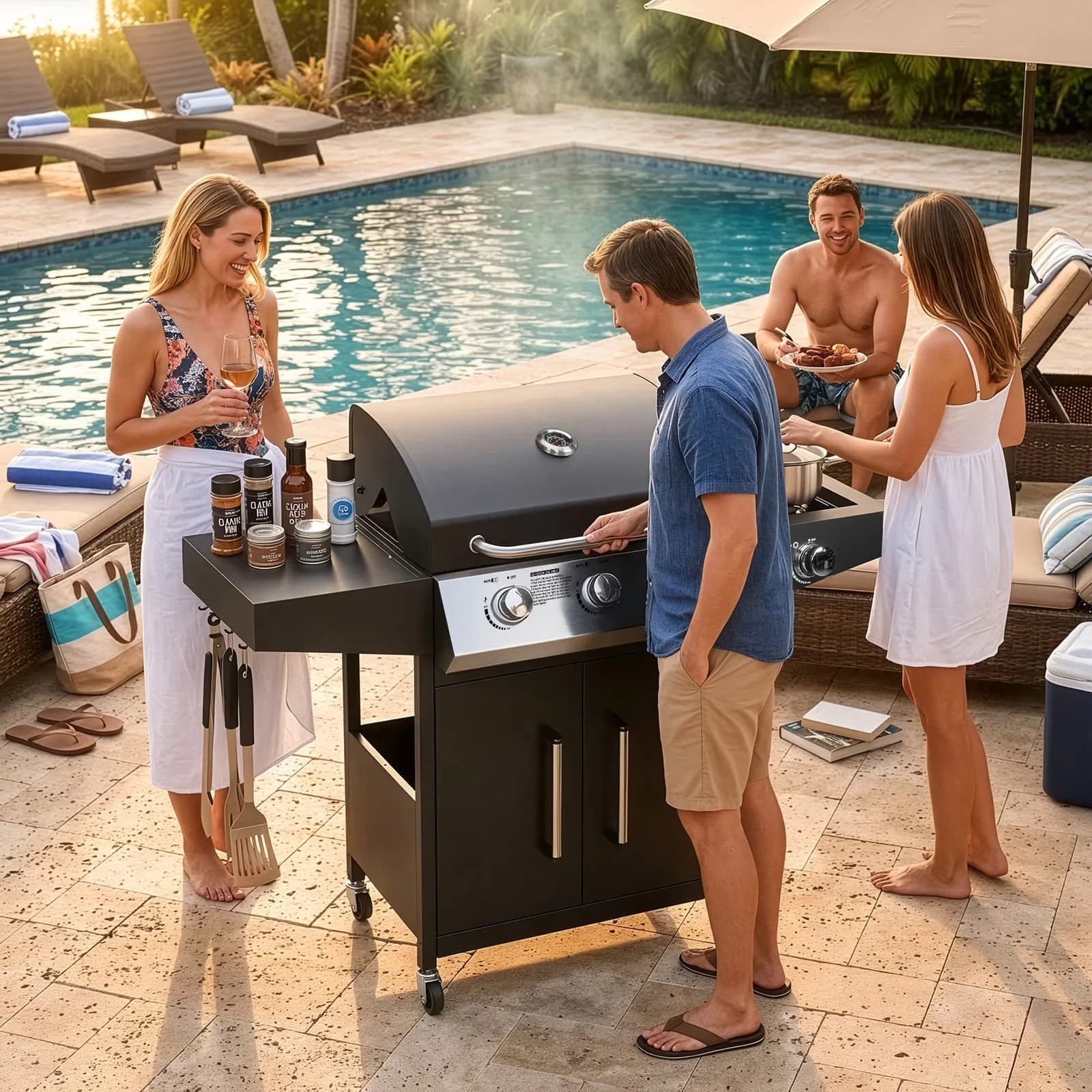 Gas Grill Professional with 46000 BTU, Portable, Side Stove - Metal Black for Patio, Outdoor Model 9B3C69