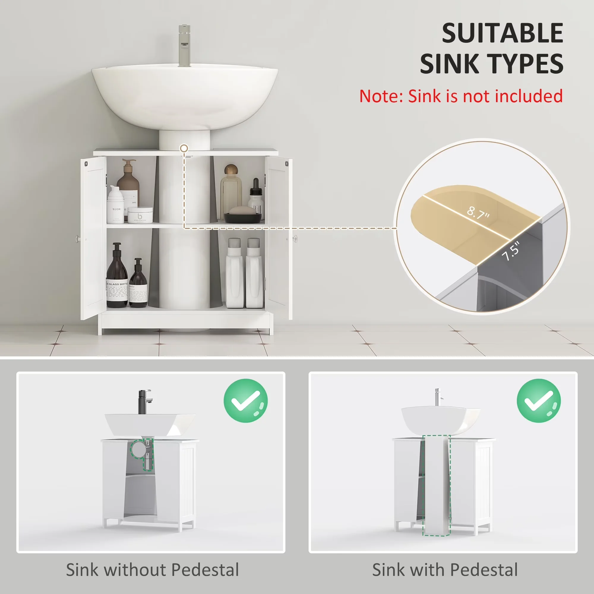 Classic Bathroom Renovation with 2 Doors and Shelves, Pedestal Sink Vanity Furniture, Color: White - Model 936C32