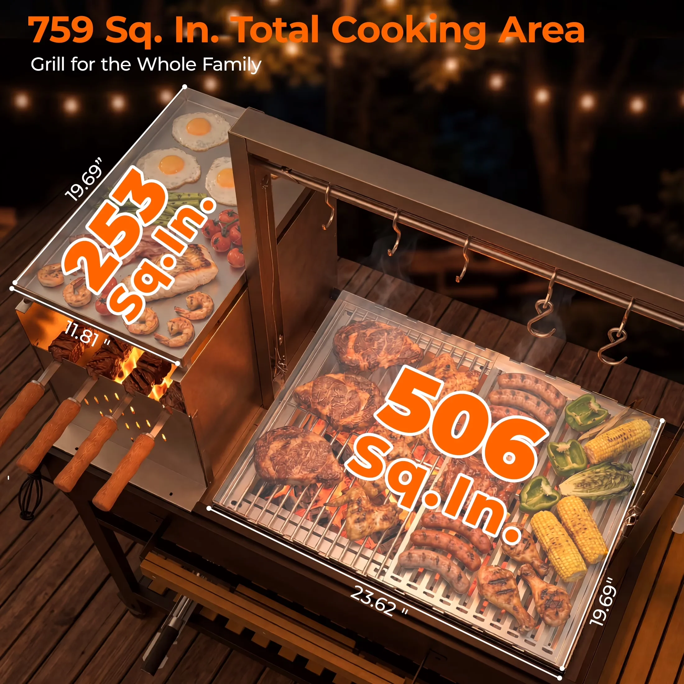 Innovative Charcoal Grill with Cold Smoker, Adjustable Air Vents, Grease Pan - Black Steel Model A7B6CC