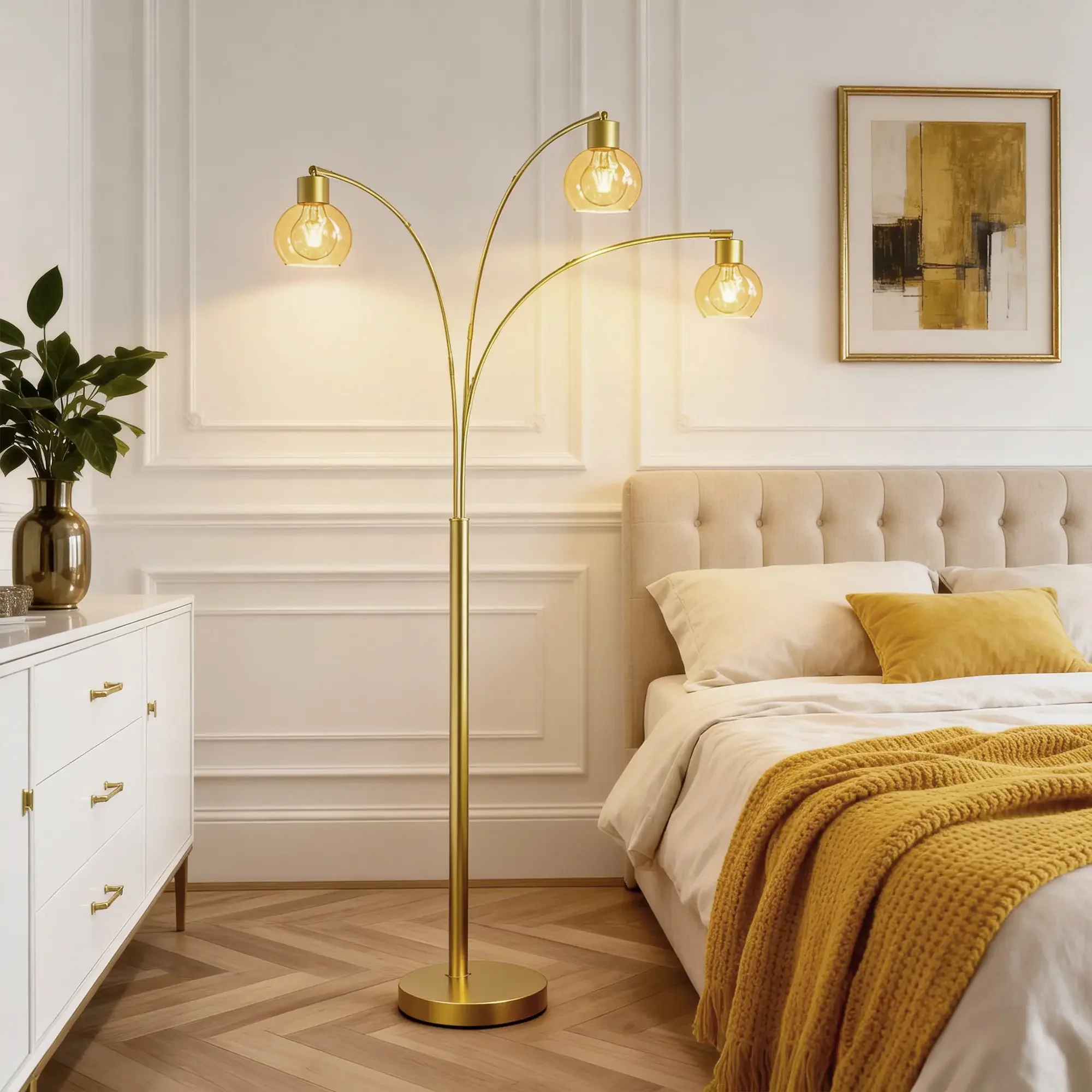Floor Lamp Professional with LED, Adjustable Head, 72.8in 3-Light Arc Brushed Gold - Metal Gold Model 8EBBEB