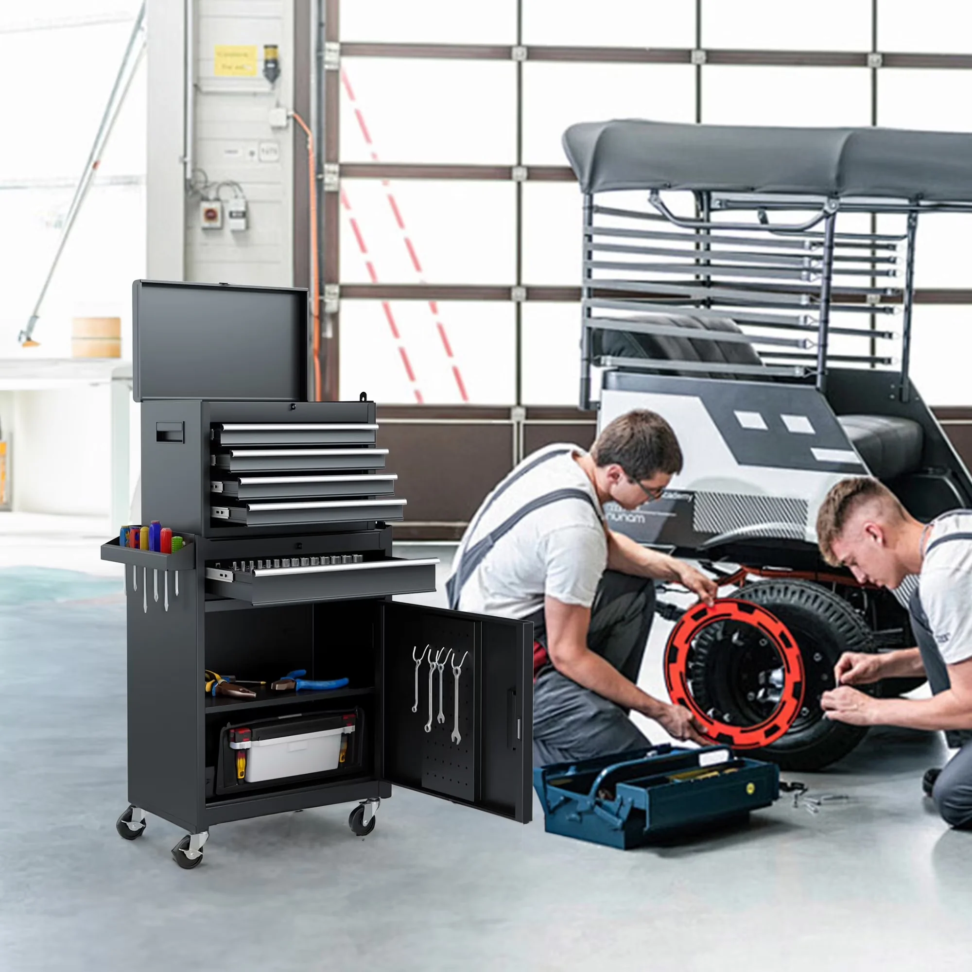 Modern Toolstorage with Caster Wheels, Adjustable, Detachable Top Tool Box - Black Iron Model 331F20