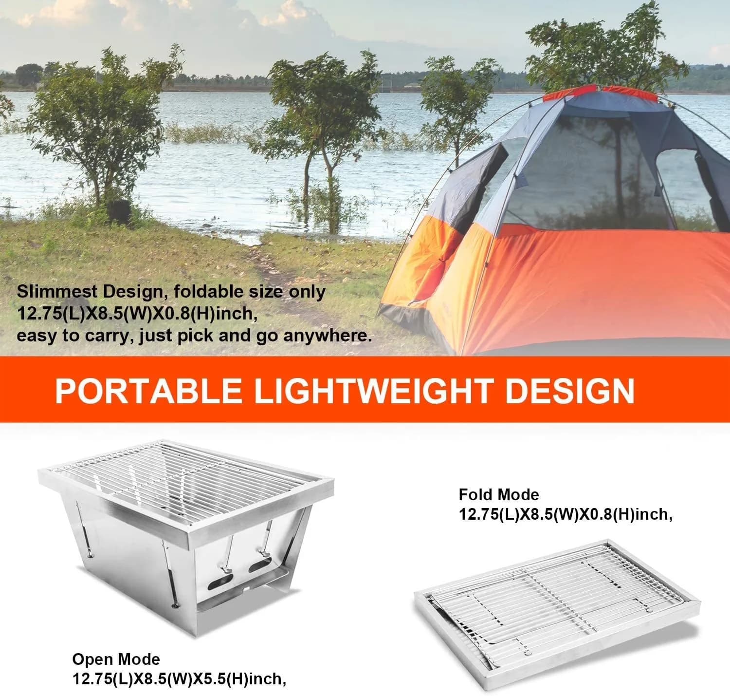 Efficient Combo Grill with Portable, 7.50" Charcoal Foldable Outdoor - Silver Stainless Steel Model C046D9