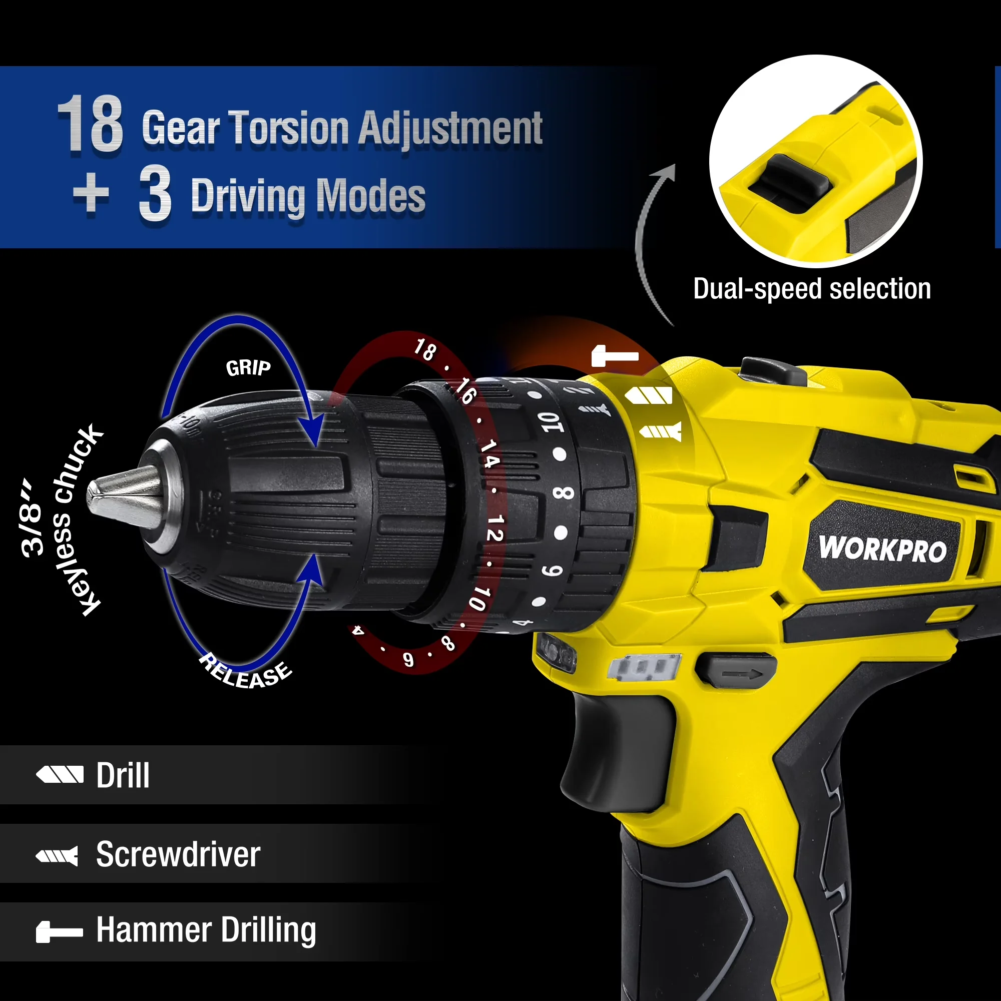 Premium Drills Driver with 12V, Power Tool Set, 12V Cordless Drill - Quality Construction Model D262F6