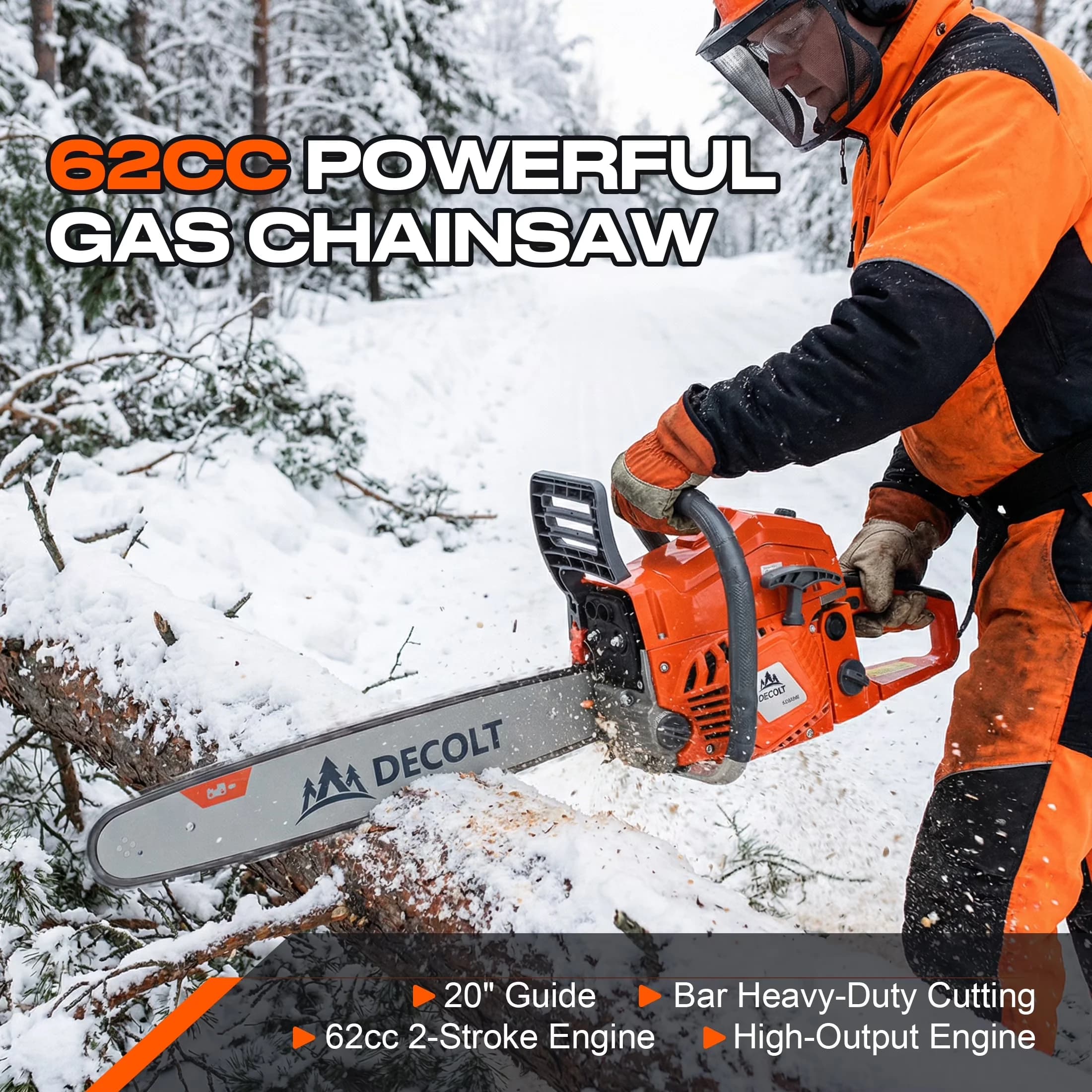 Essential Chainsaw with Automatic Chain Oiler, 62CC Gas 20” Powerful 2-Stroke Gasoline - Orange Model F93EAC