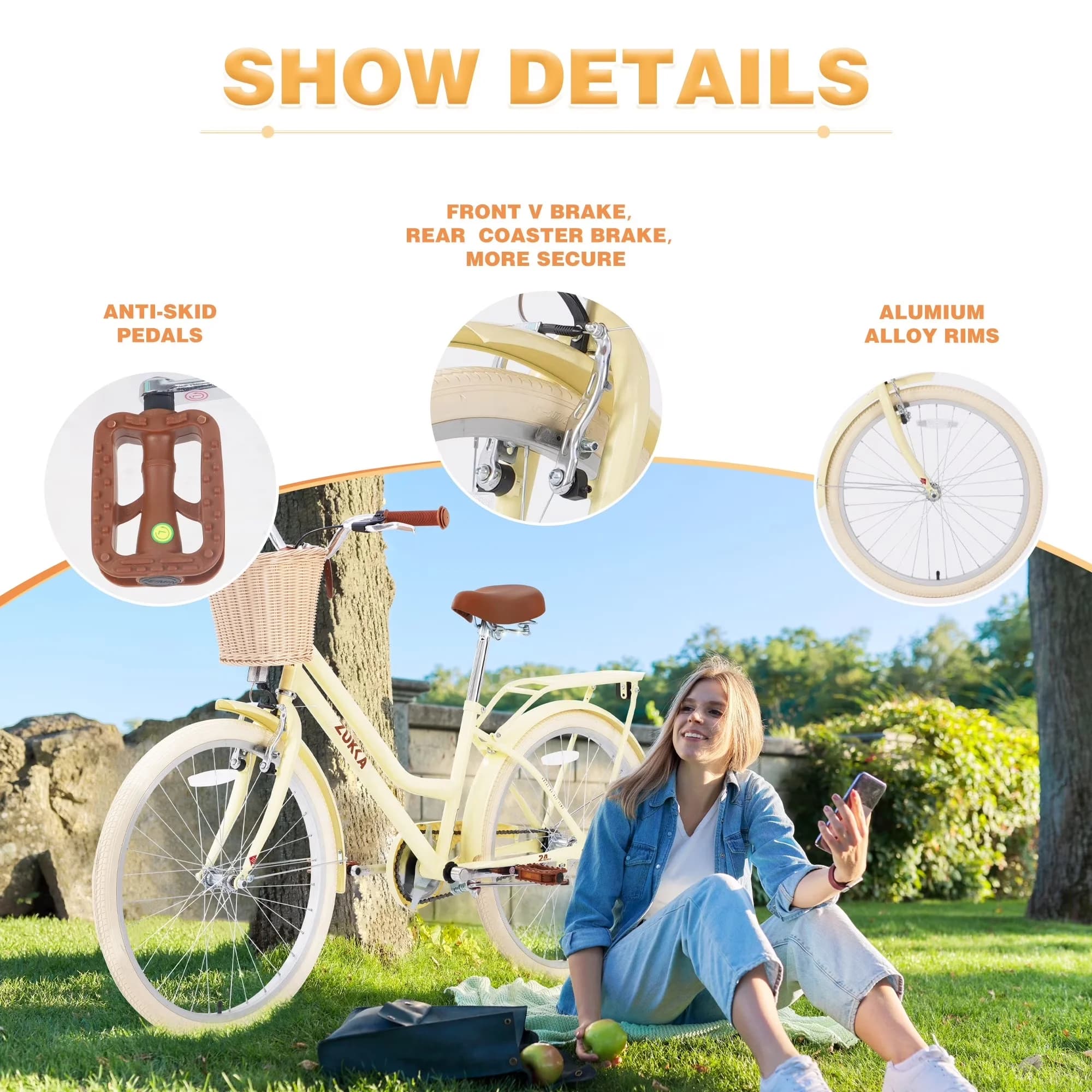 Cruiser Bike Versatile with Adjustable Seat, Adjustable Seat Height, Lightweight - Yellow Model 4A9B76