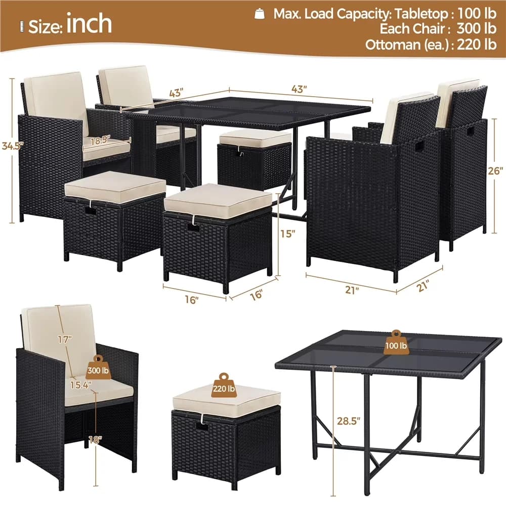 Patio Dining Set Premium with Storage, 9-Piece Wicker - Powder-Coated Metal, Pe Rattan, Tempered Glass, Polyester Fabric, Foam Black... Model B0C5B0