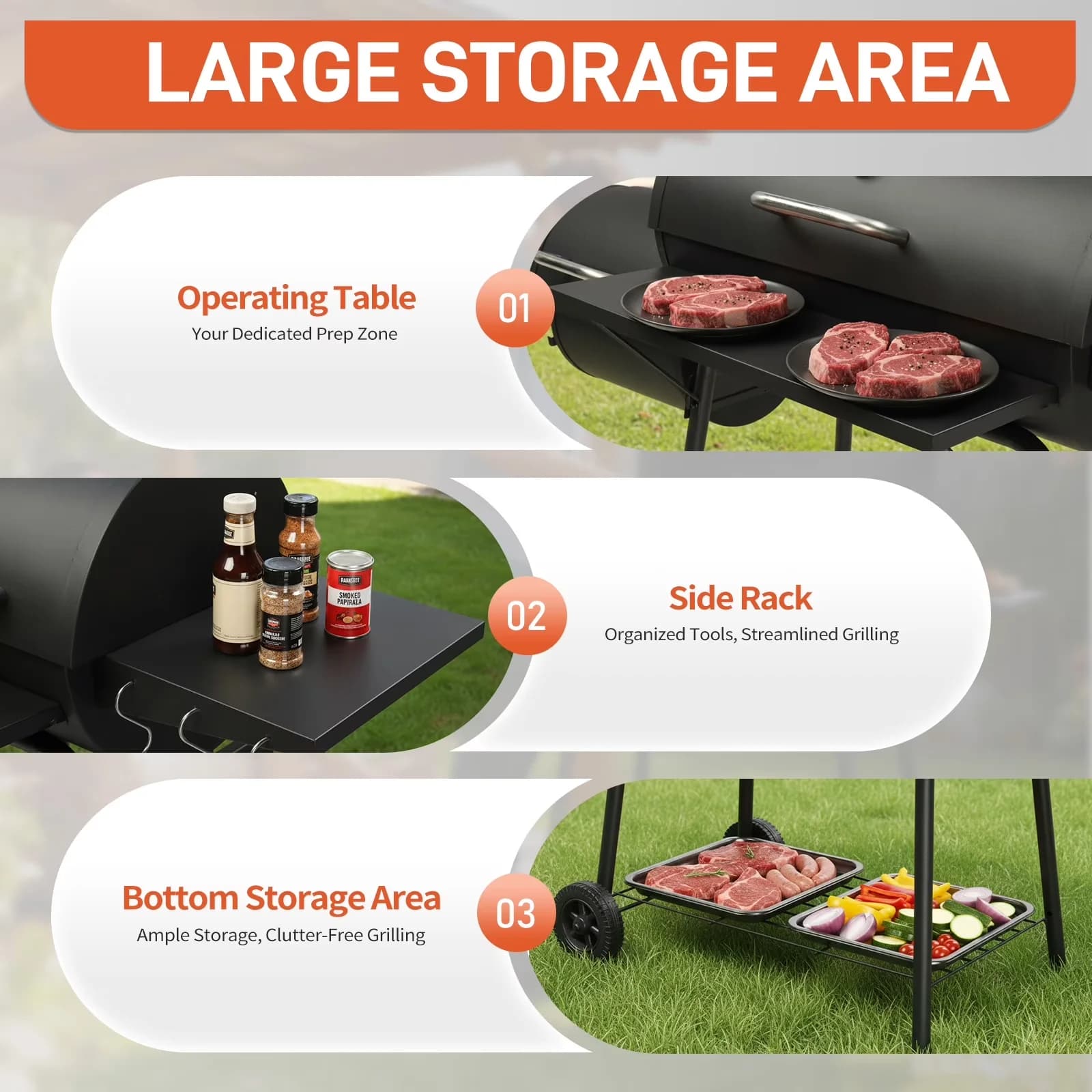 Durable Charcoal Grill with Warming Rack, Thermometer - Black Steel for Outdoor Model 64FFD3