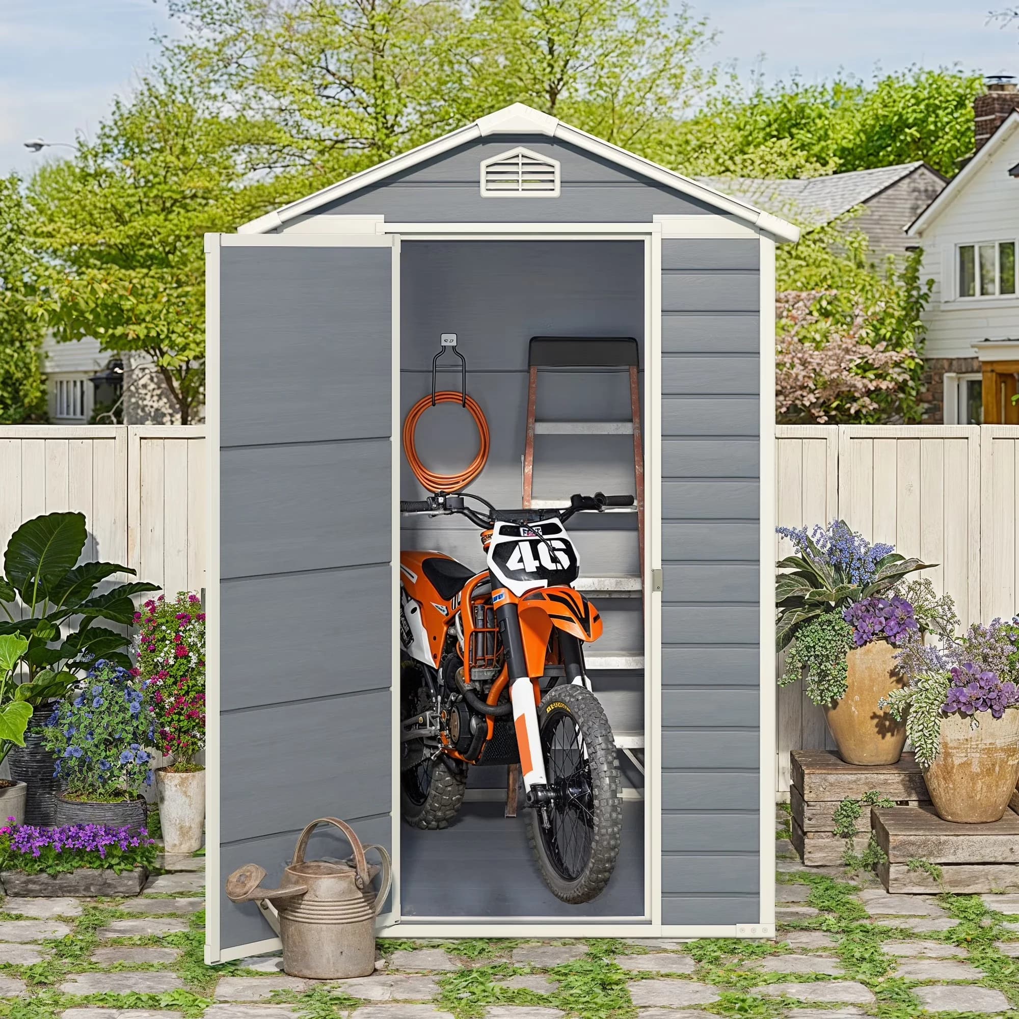 Modern Shed with Waterproof, Lockable Door - Resin Gray for Garden, Patio Model FEAF27