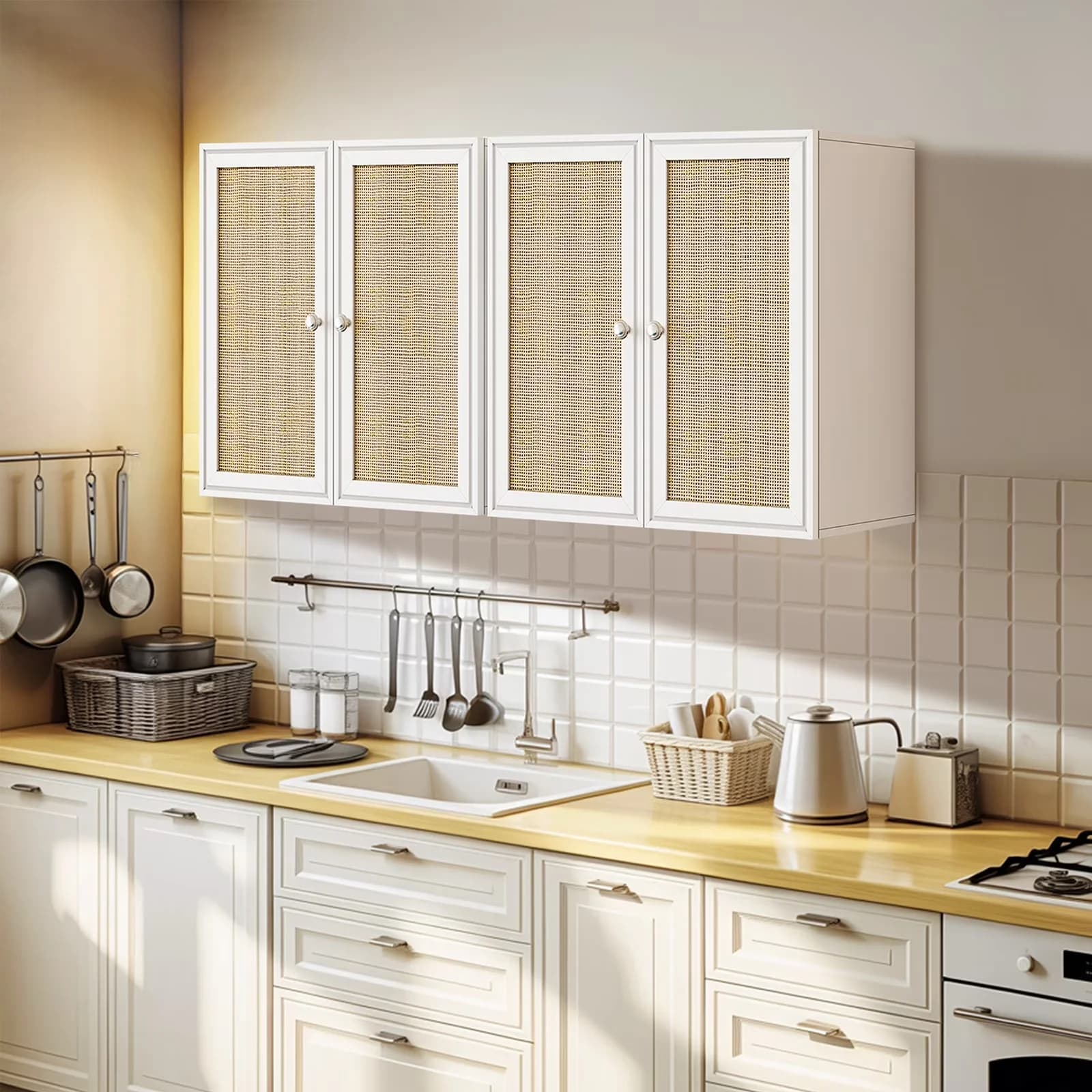 Garage Storage Supply Quality with Modern, Adjustable Shelves, Rattan Wall Cabinet - Wood, Rattan White for Bedroom, Kitchen Model 9B7237