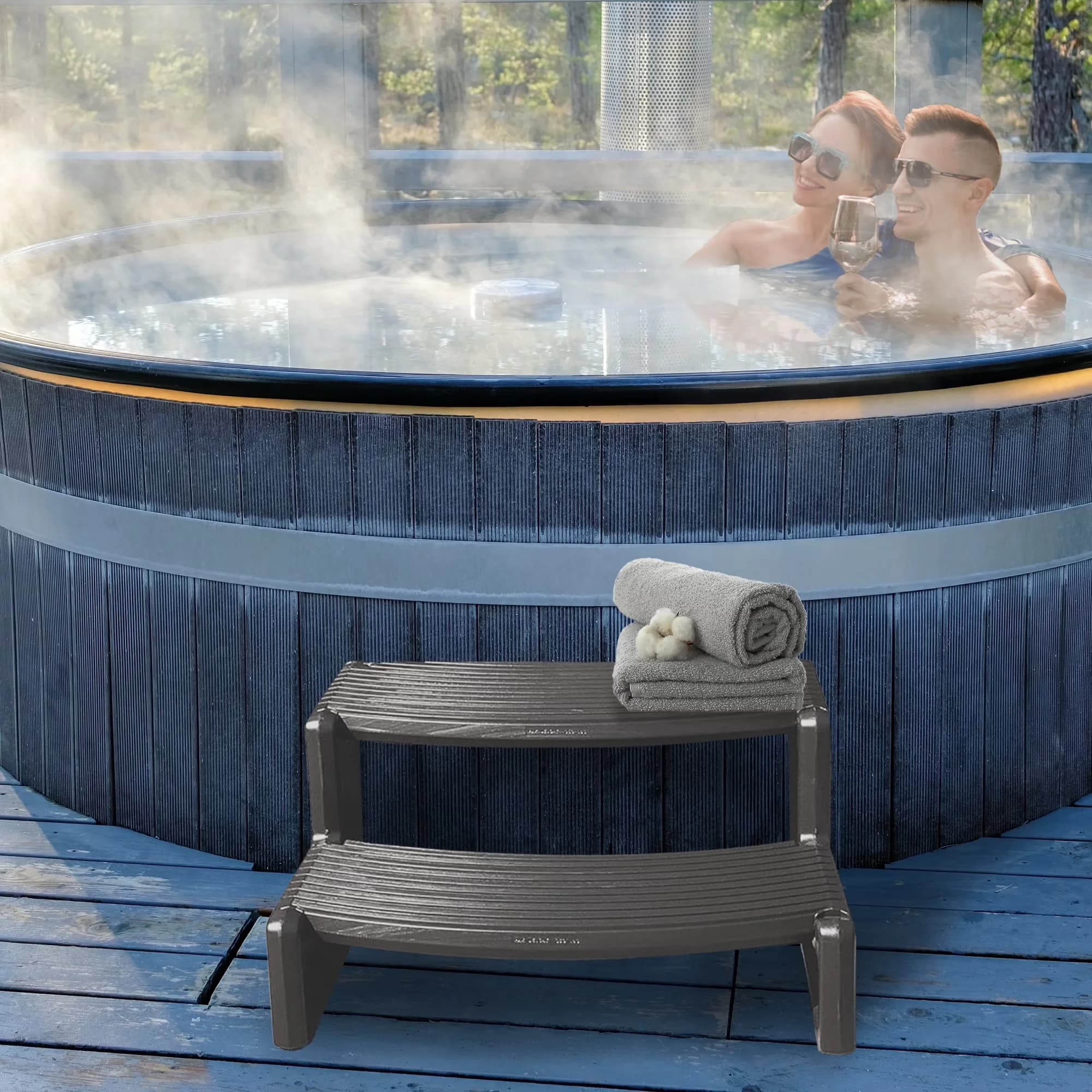Sleek Hot Tub with Handi-Step Stairs - Plastic Black - Heavy Duty Model 84004A