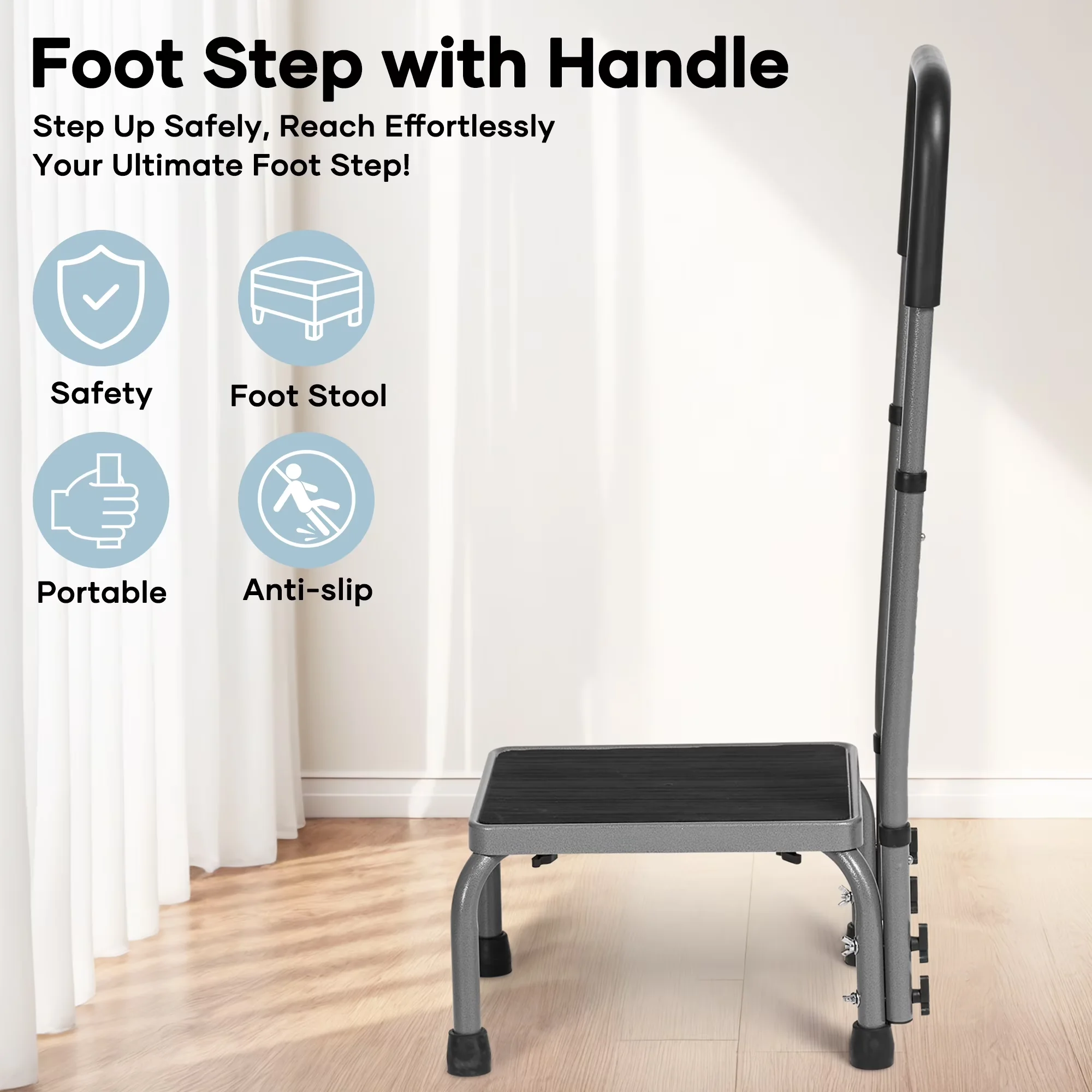 Ladders And Step Stool Compact with Adjustable Height, Anti-Slip - Metal Gray Model 9C99EA