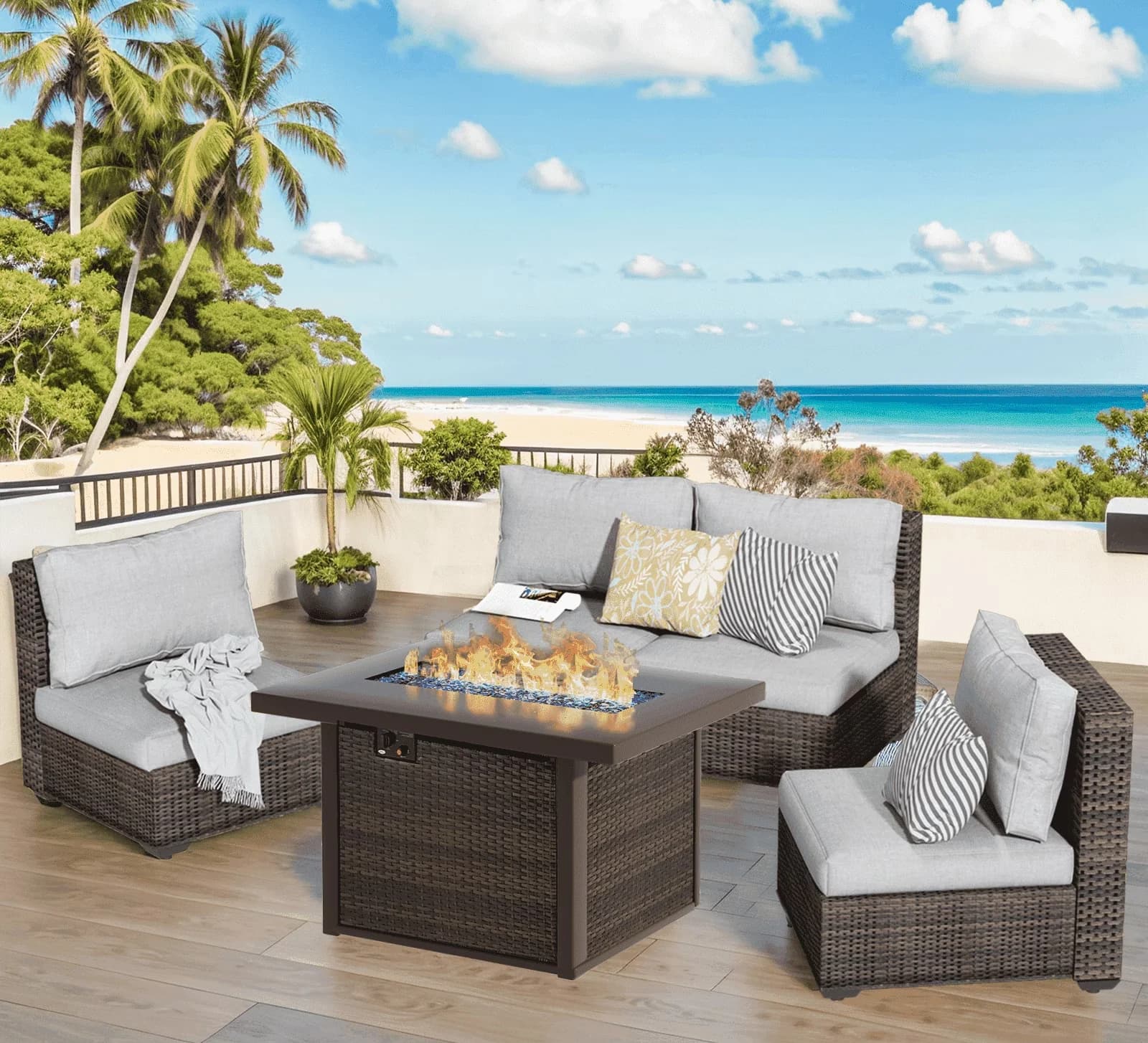 Patio Conversation Set Efficient with Cushions, 5 Piece Furniture, Fire Pit Table - Pe Rattan Gray Model 075815