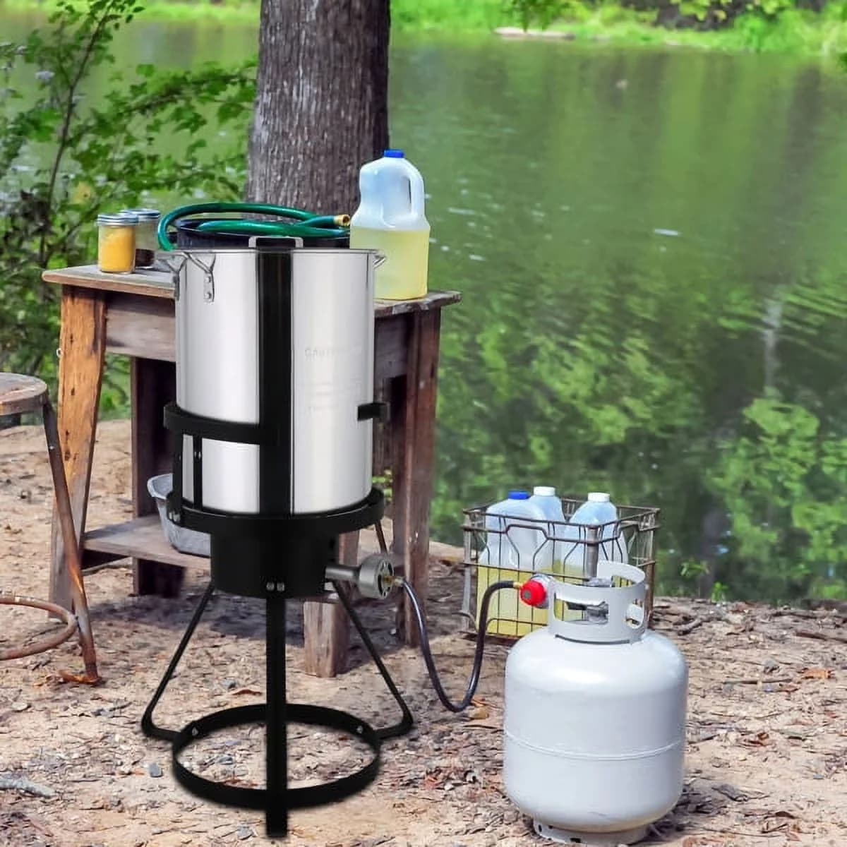 Efficient Outdoor Fryer with 1. Made of aluminum, durable, 32 QT Campfire Tripod - Aluminum Silver, Black, Multicolor for Camping Model D47F12