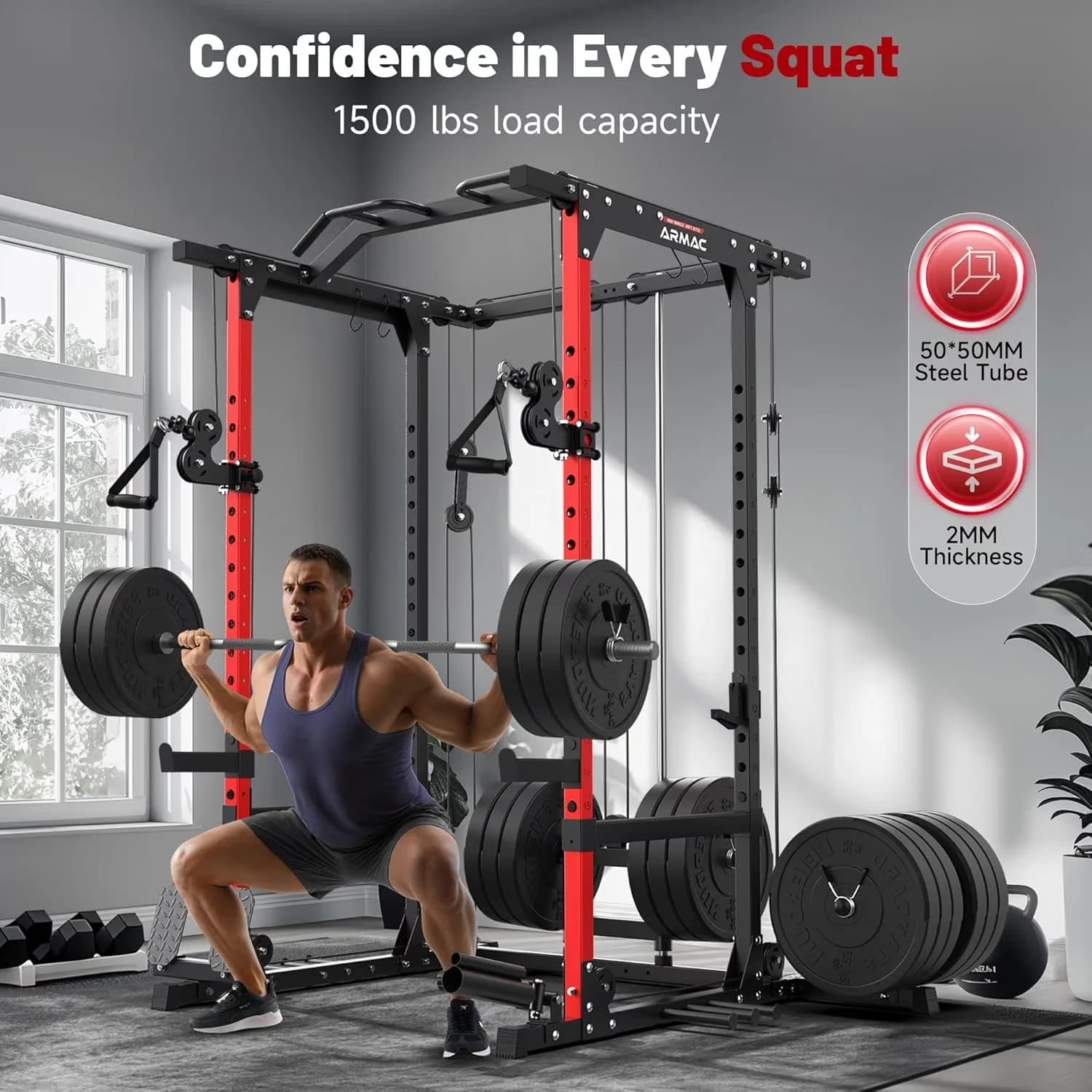 Essential Home Gym with Adjustable, Multifunctional, 1500lbs Squat Pulley Power Cage for Home - Model E009AA