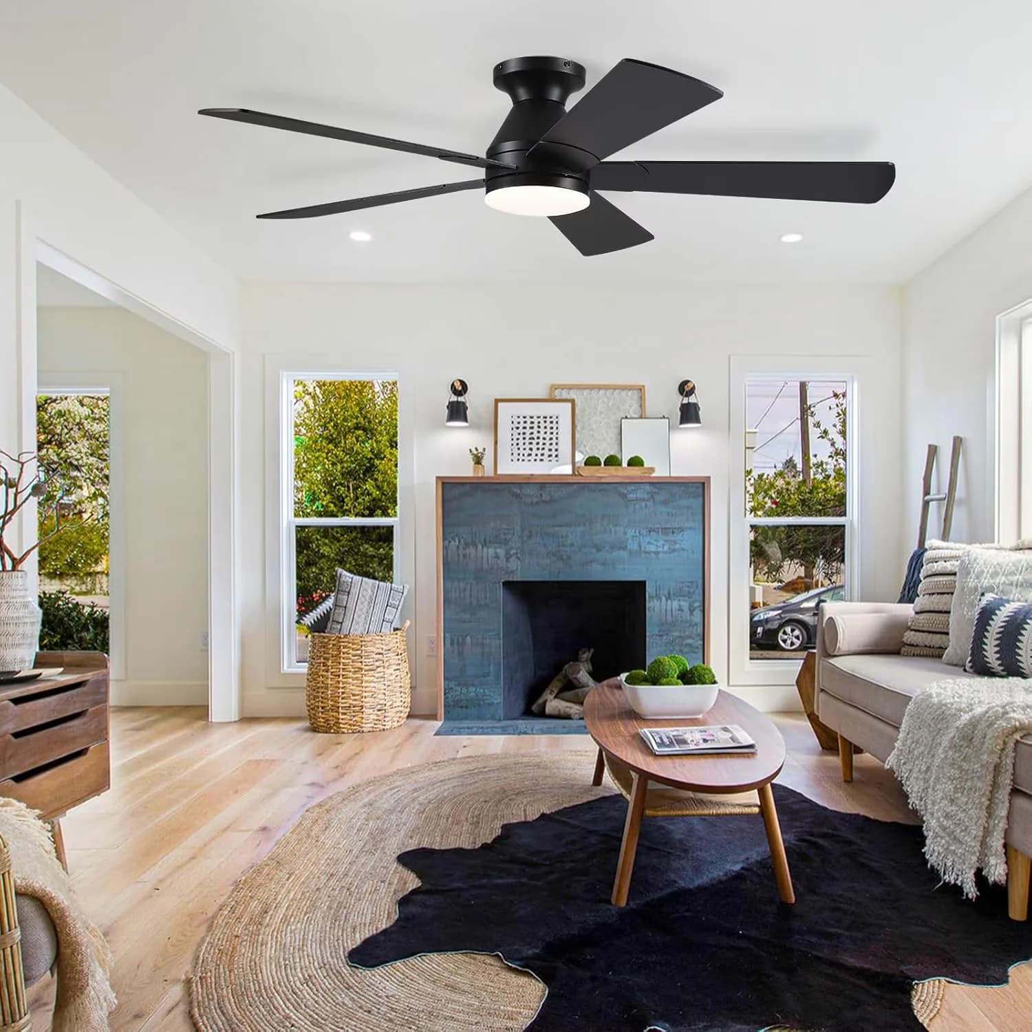 Ceiling Fan Versatile with LED, Universal, Remote Dimmable LED 5 Blade Black for Living Room, Bedroom - Model E1DF46