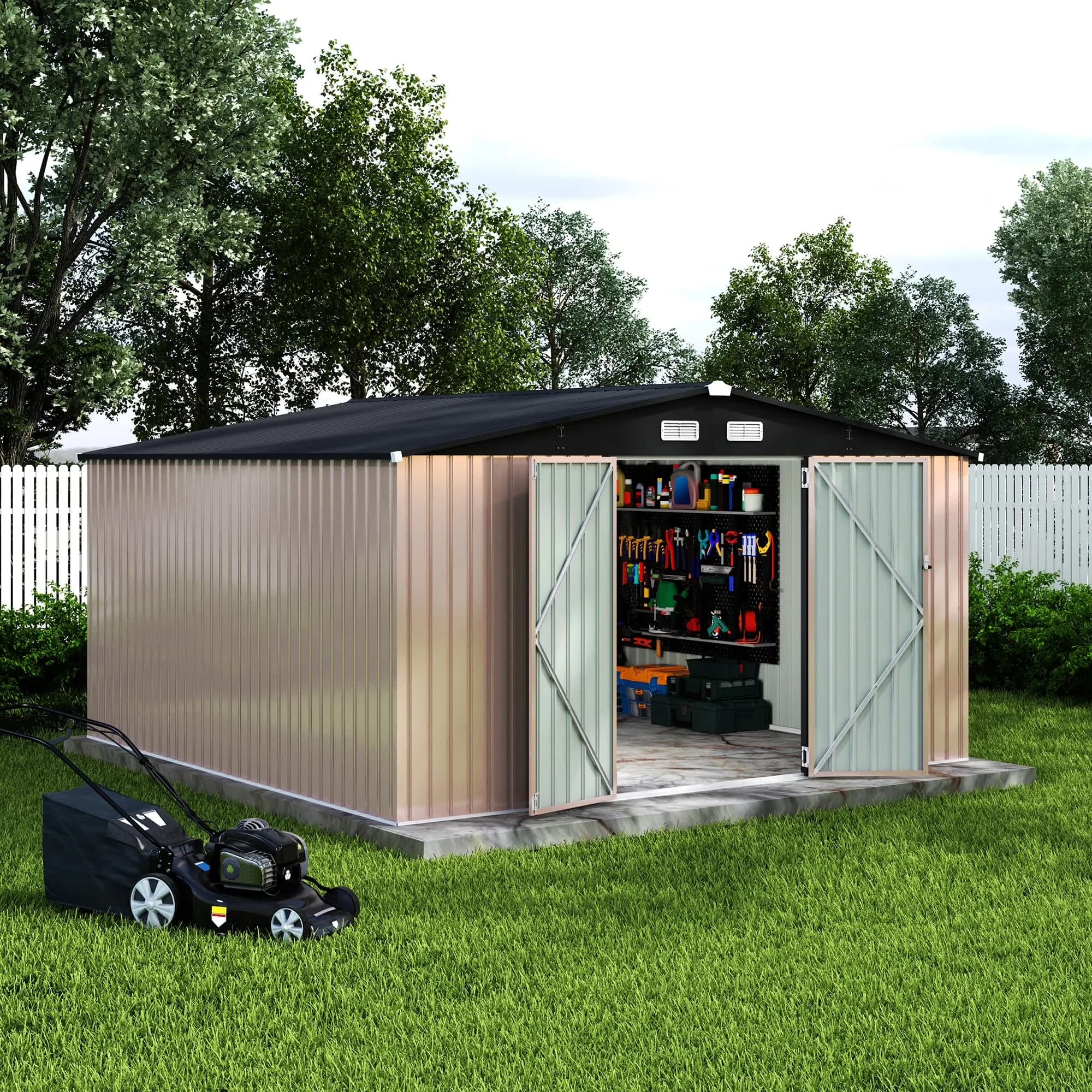 Durable Shed with Lockable Door, Metals Utility Buildings With Air Vent, 12x12 FT Metal Storage Sheds Outdoor - Brown Metal Model 2AA657