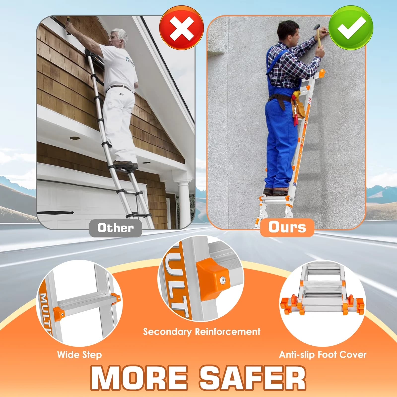 Essential Ladders And Step Stool with Collapsible, Stabilizer Bar & Wheels, 332 lbs Security Load Extension Ladder - Aluminum Silver... Model 65AFCF