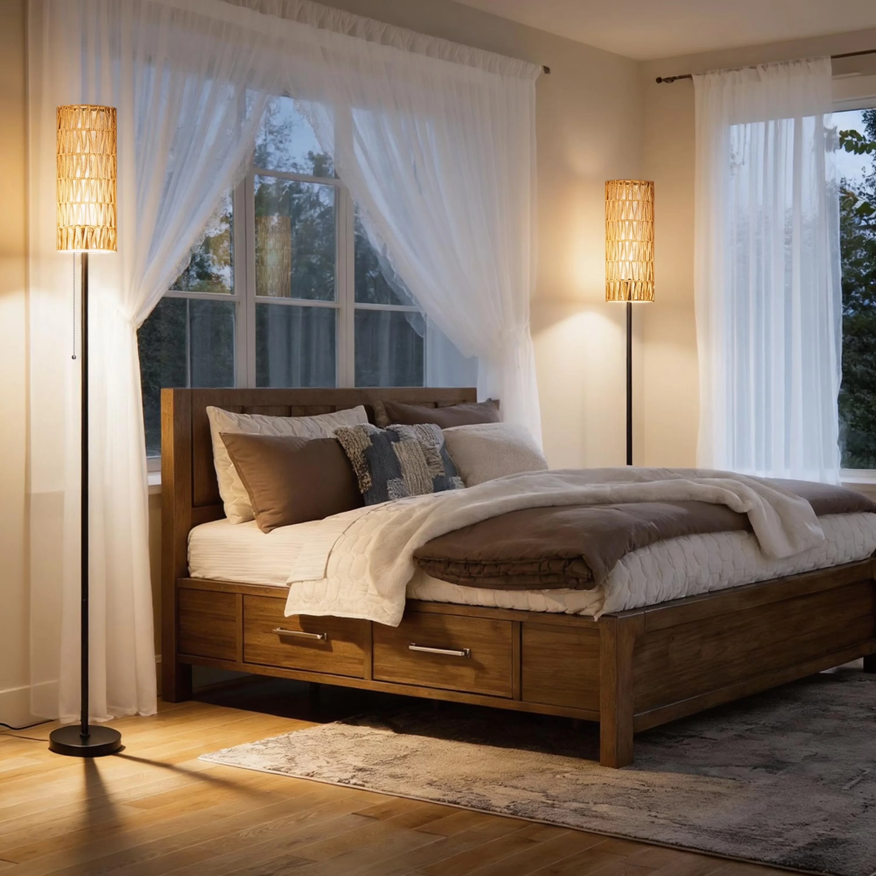 Innovative Floor Lamp with LED, Art Deco, 63” Rattan - Black, Beige Metal, Rattan Model 27C9BF