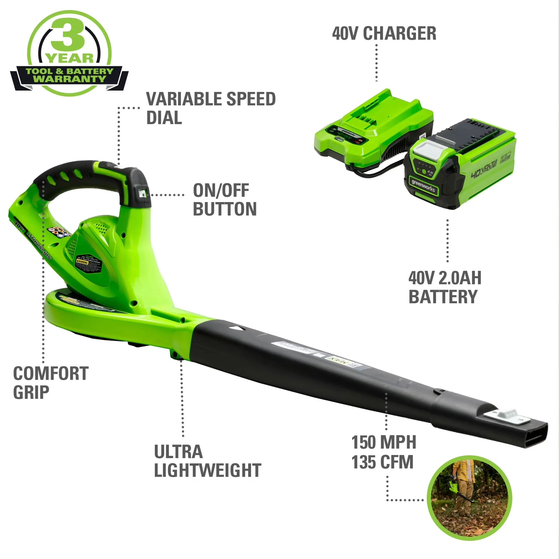 Durable Leaf Blower with Battery, 40V, 40V 135 CFM Blower/Sweeper - Universal Fit Model 85910E
