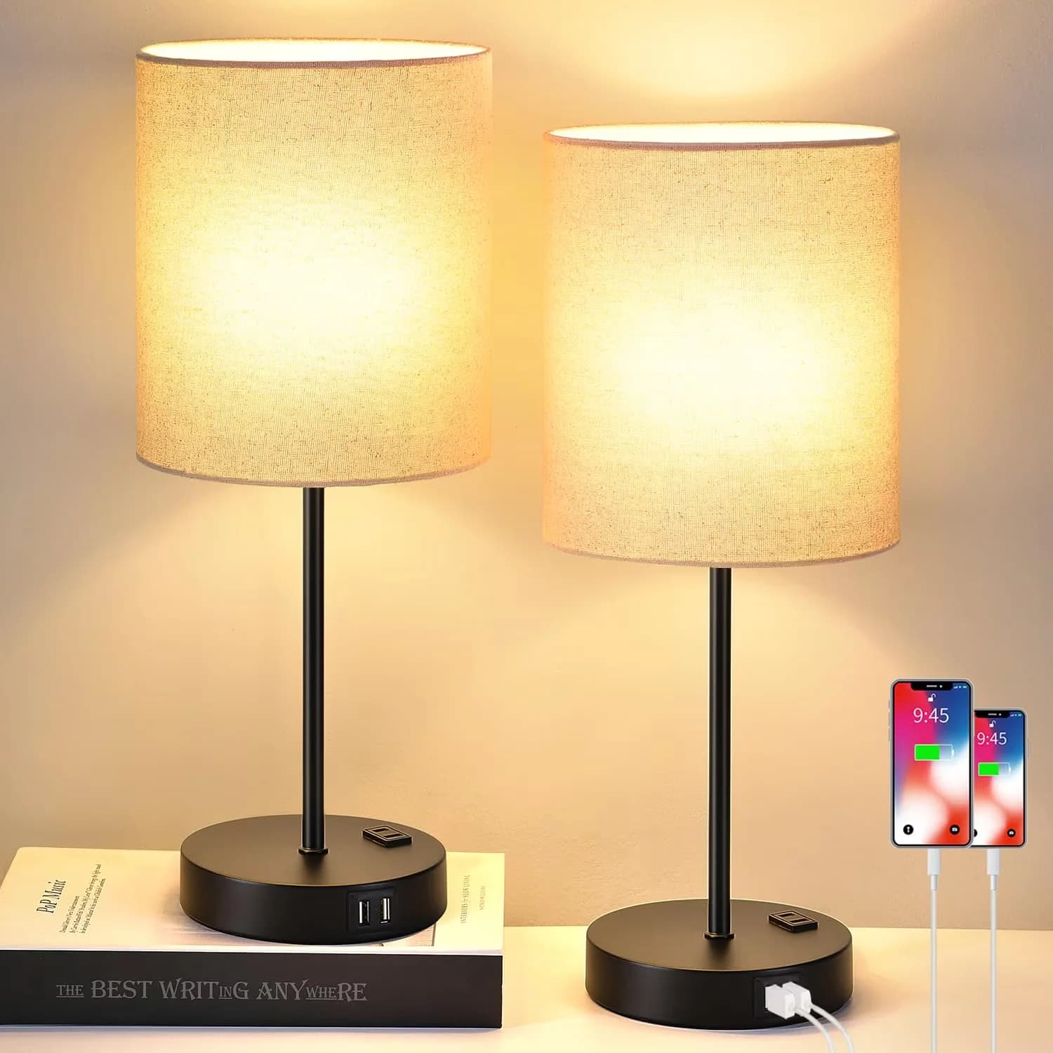 Lamp Set Modern with Power Outlet, Dimmable, Touch Sensor - Black Plastic for Living Room, Office Model A154D1