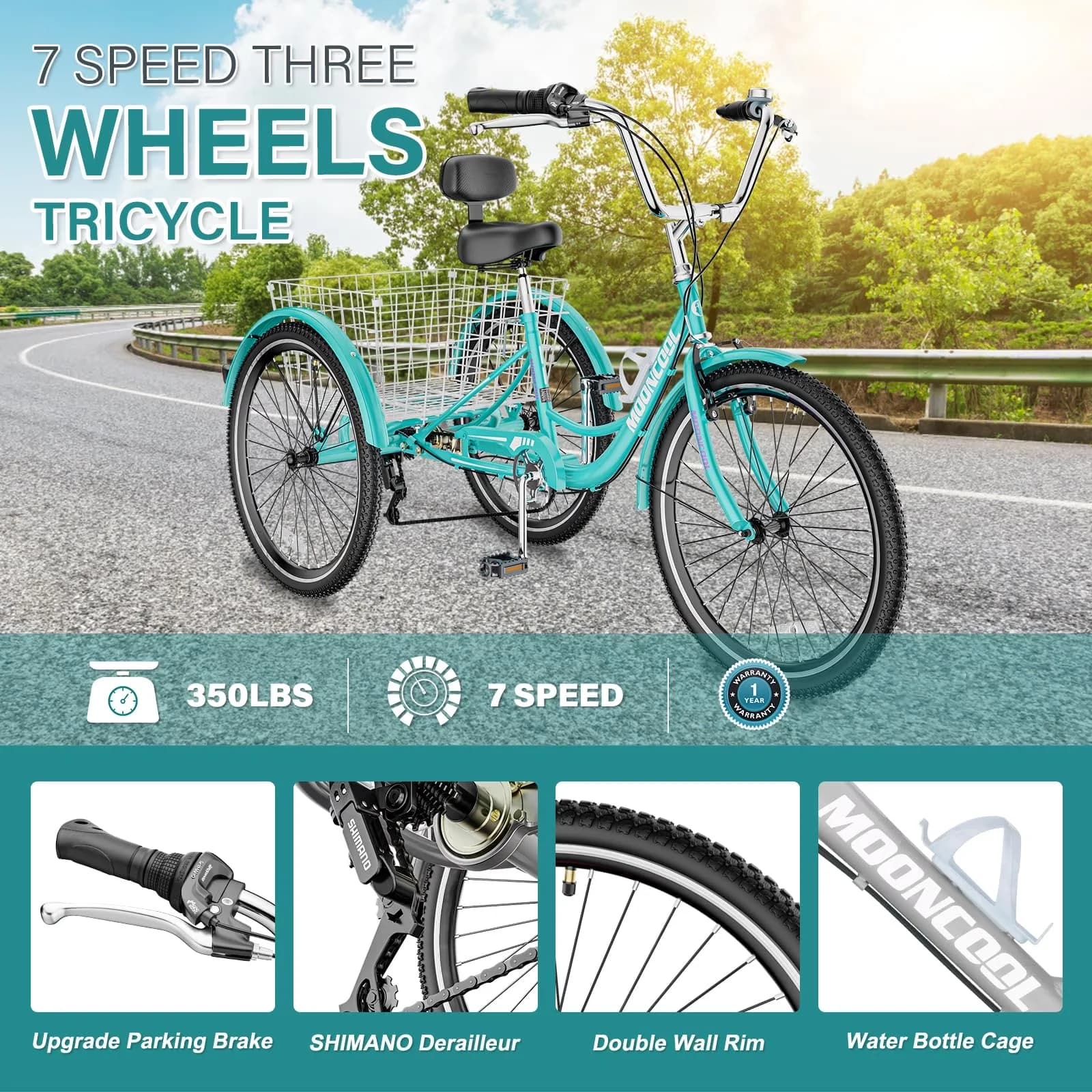 Classic Cruiser Bike with Adjustable Seat, Adult Tricycles Three Wheel 7 Speed, Three-Wheeled Bicycles - Blue Model BF0B0A