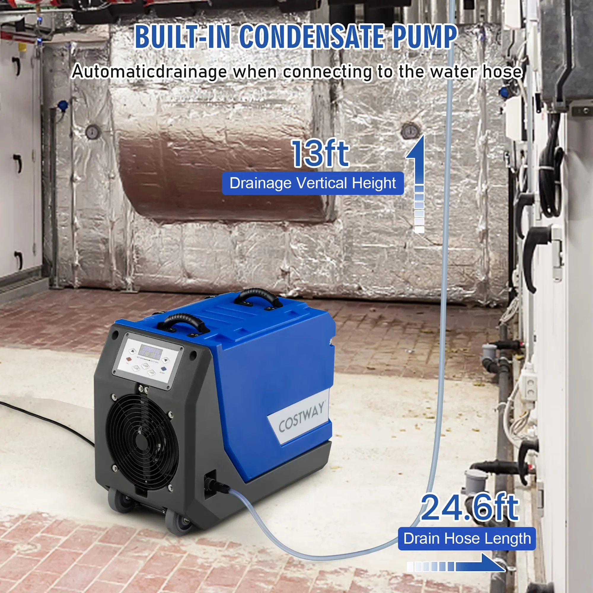 Modern Dehumidifier with Built-In Pump, 180-Pint Commercial - Blue - Reliable Performance Model 141578