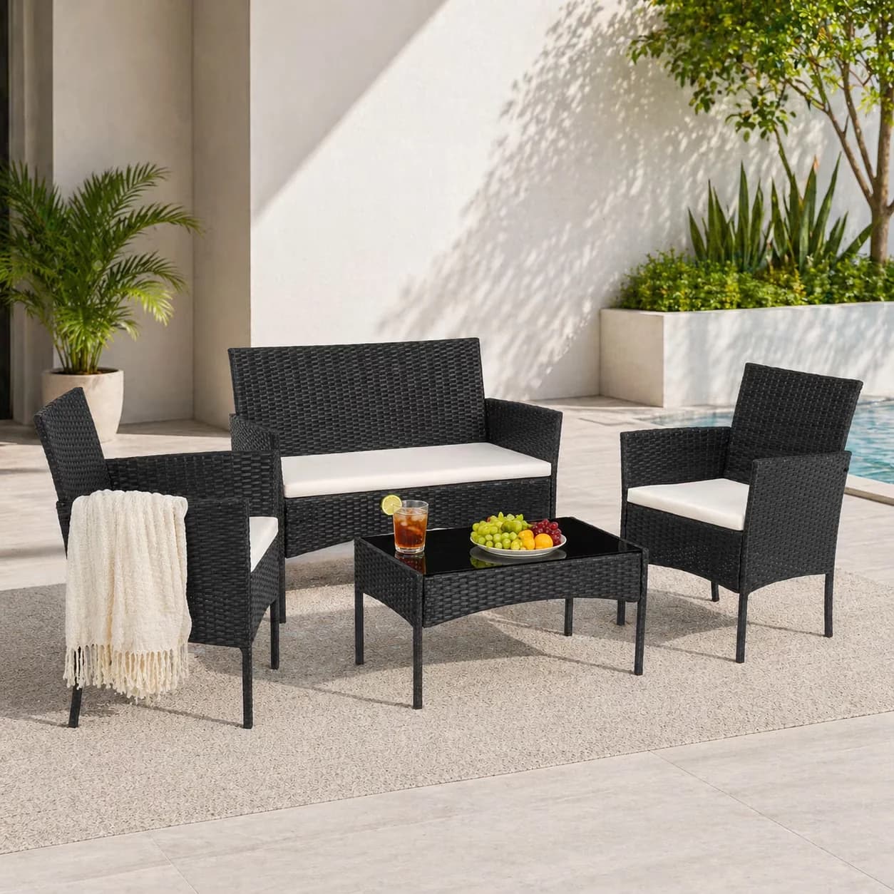 Classic Outdoor Sofas Sectional with Wicker Sofa Set, 4-Piece Patio Furniture Set, Tempered Glass Table - Pe Wicker +Steel Frame +... Model F8FE77