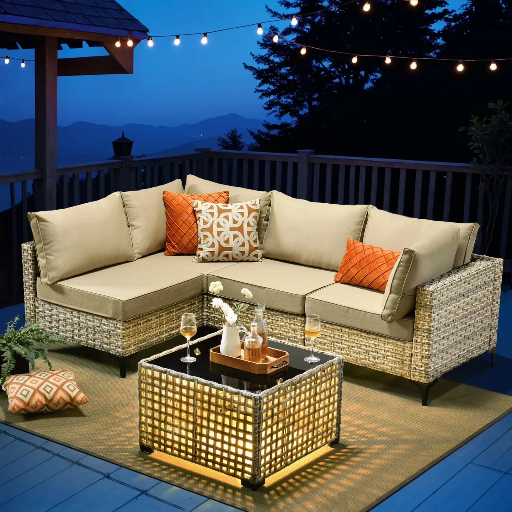 Reliable Outdoor Sofas Sectional with High-Back & Solar Lamps Coffee Table - Beige Stainless Steel Model 7E3939