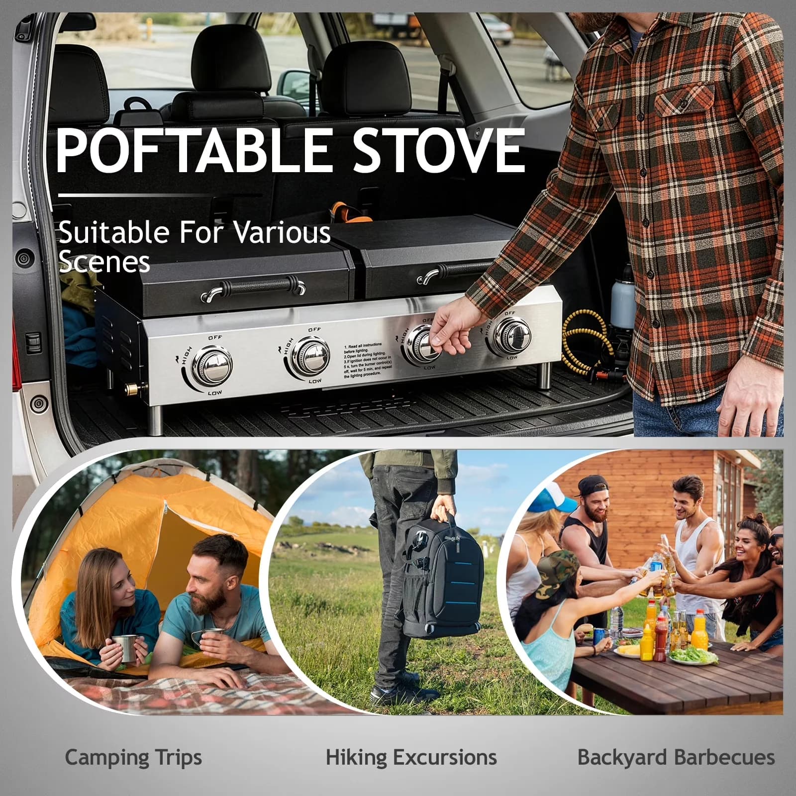 Compact Gas Grill with 40000 BTU, Portable, 4 Burner Propane and Griddle Combo - Iron, Enamel for Outdoor Model 028DED