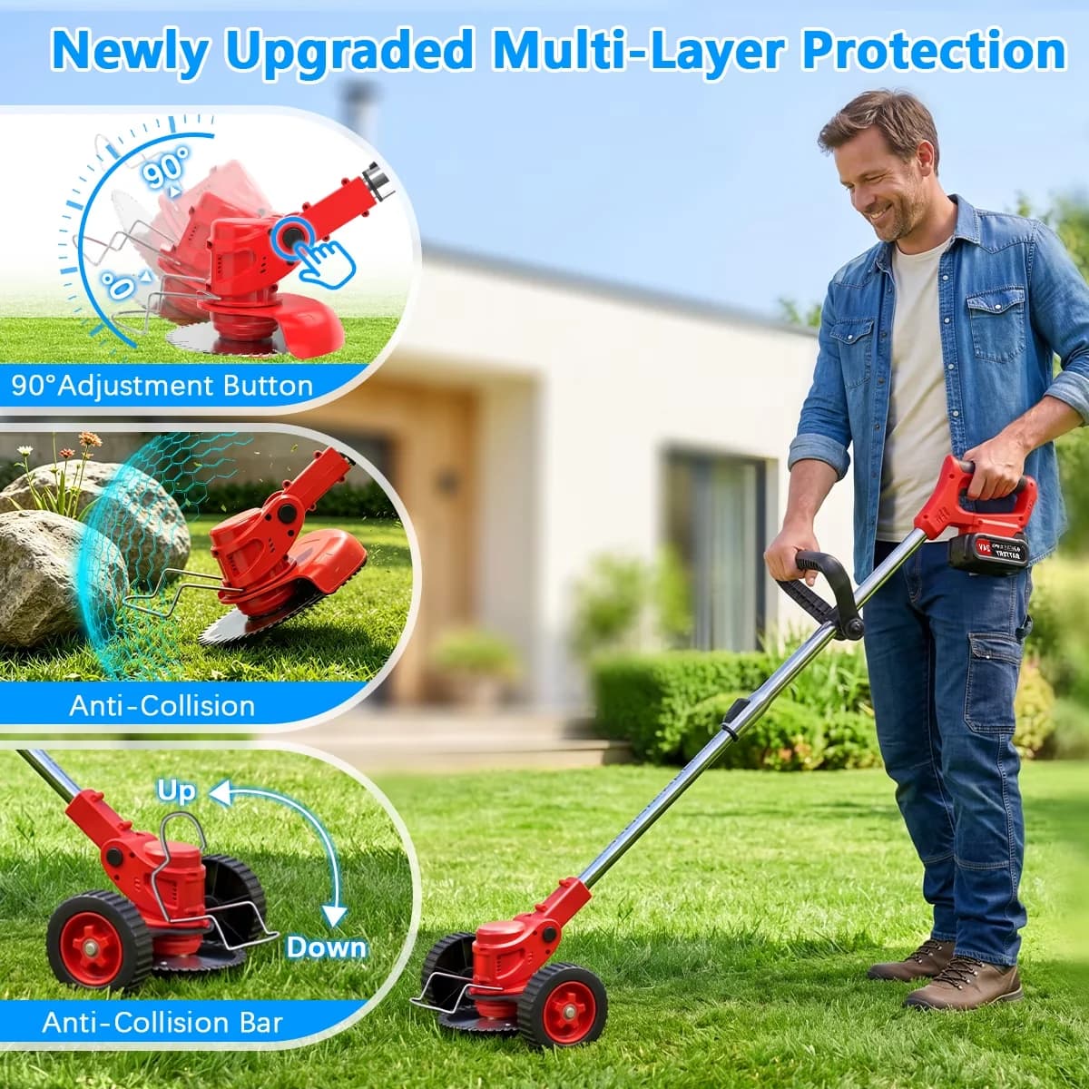Durable String Trimmer with Battery, 24V, Extendable - Red for Garden - Contemporary Style Model 6B3002